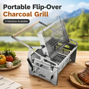 360° Rotating BBQ Grill, 304 Stainless Steel Portable Flip-Over Charcoal Grill with 2-Layer Basket, Outdoor BBQ