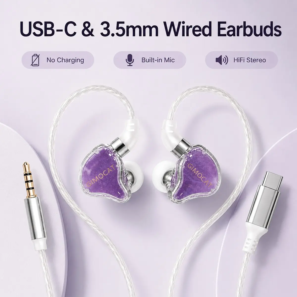 New Cute Wired Earphones, Wired Earbuds, Transparent High-Fidelity In-Ear Noise Cancelling Headset, Suitable for Music, Calls, Work, Learning, 3.5mm/USB-C