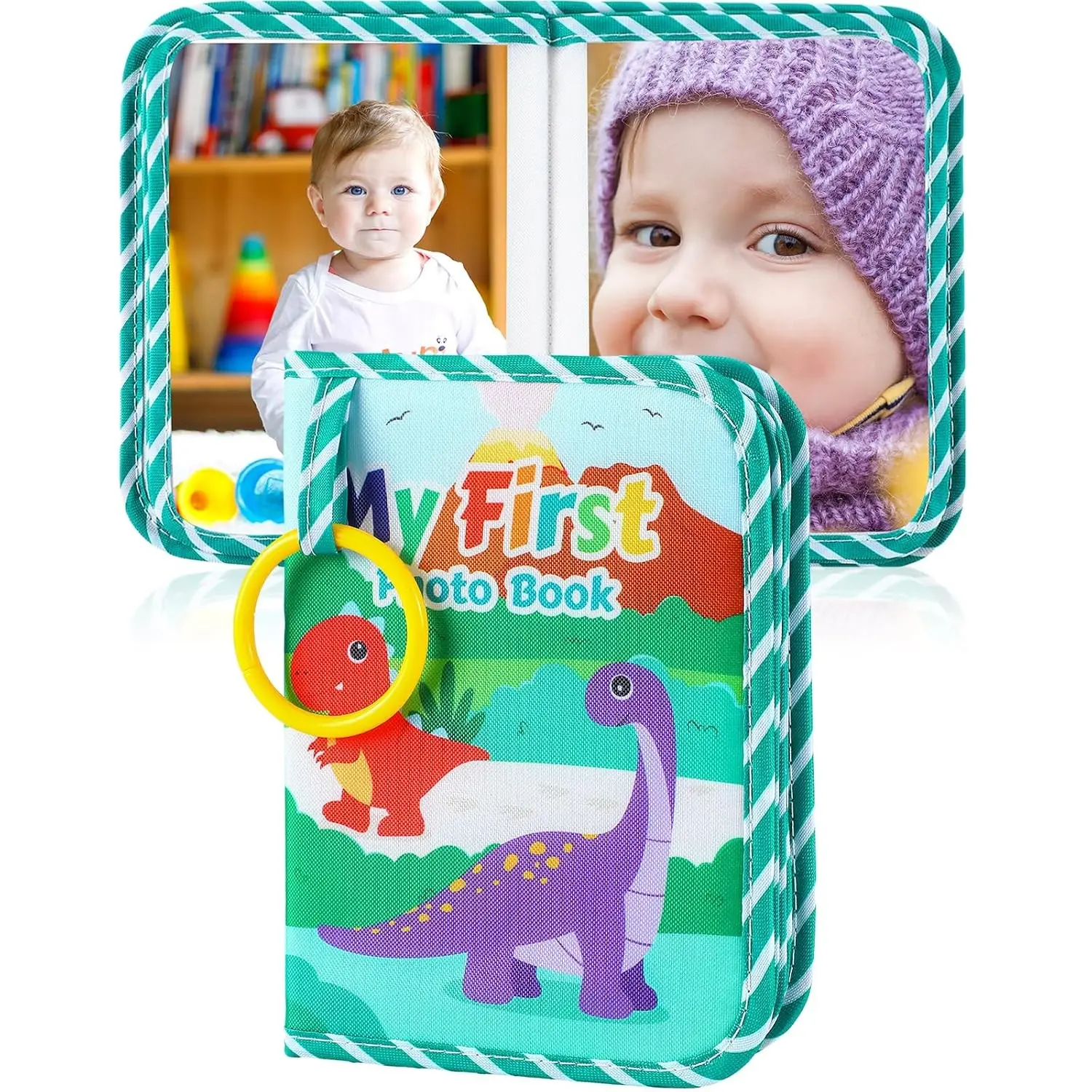 Baby Photo Album Holds 17 4x6 Pictures - My First Soft Cloth Family Photo Book with Name Tag Stickers, Fabric Keepsake Gift for Newborn Toddler Boy Girl Baby Shower (Green Dino)(Gift)