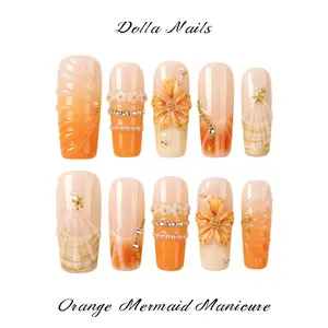 Dolla Nails 100% Handmade Long Square Press-On Nails|Nude Base Orange Gradient Swirl Texture 3D Orange Flower Pearl Rhinestone Chain Star Accent Detail|Soft Aesthetic Design|Salon Quality|Reusable|No Nail Damage|Perfect for Daily Wear & Vacation, Nail Ins