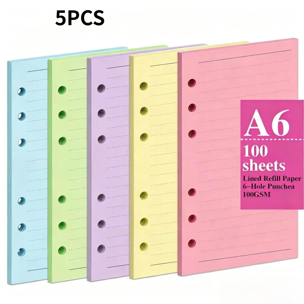 1 Pack 100 Sheets (200 Pages) A6/a5 Colorful Replacement Inner Pages, Thick Replaceable Ring Binder Paper Refill, 5 Colors Available, for 6-Hole Binders
