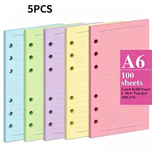 1 Pack 100 Sheets (200 Pages) A6/a5 Colorful Replacement Inner Pages, Thick Replaceable Ring Binder Paper, 5 Colors Available, for 6-Hole Binders