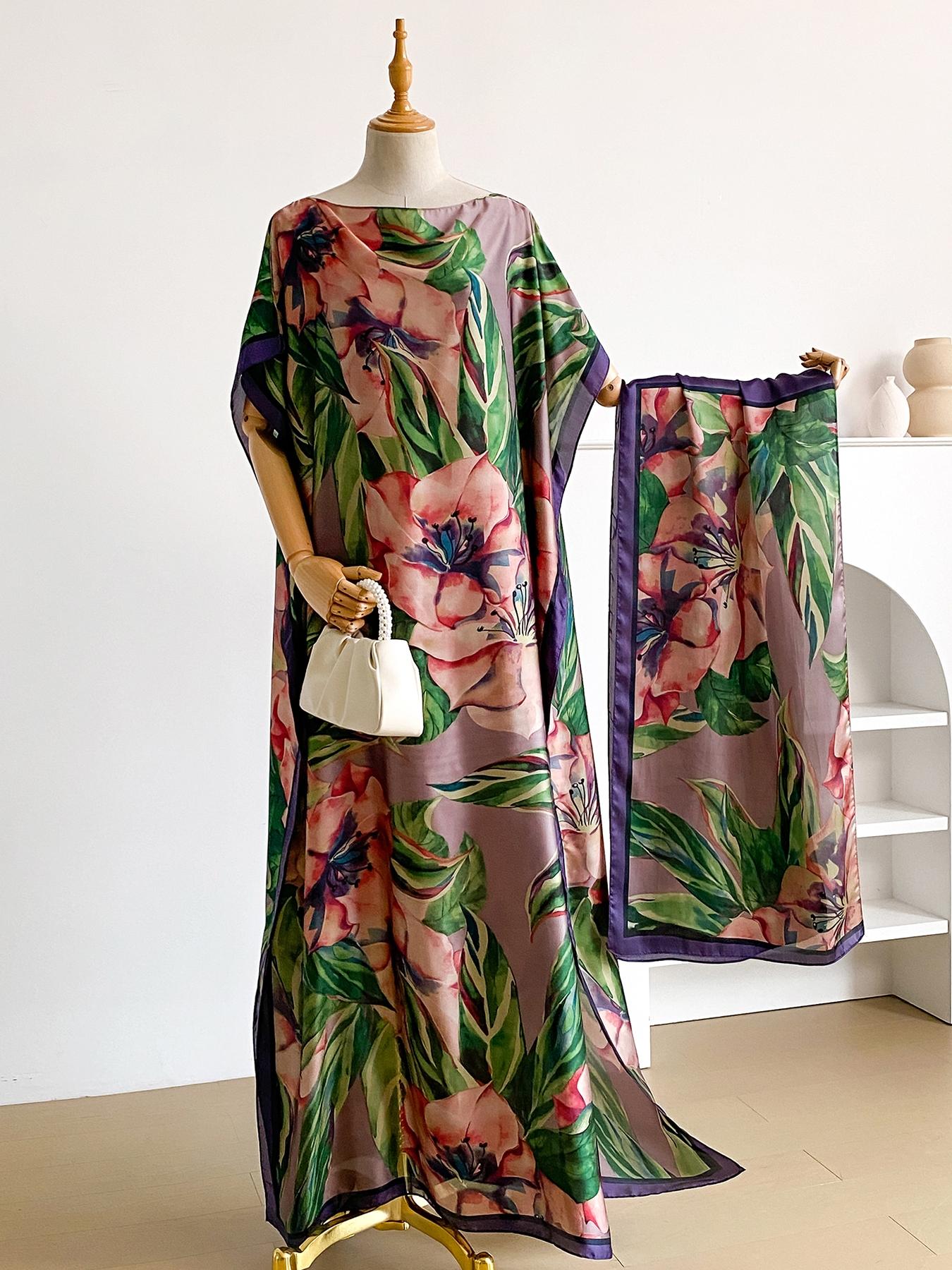 1 Piece Fashion Printed Robe Pullover Shawl moomoo Dress Long Wrap Silk Scarf Headband Ladies Womenswear Seaside Beach Sunshade Sunscreen Satin Silk Scarf