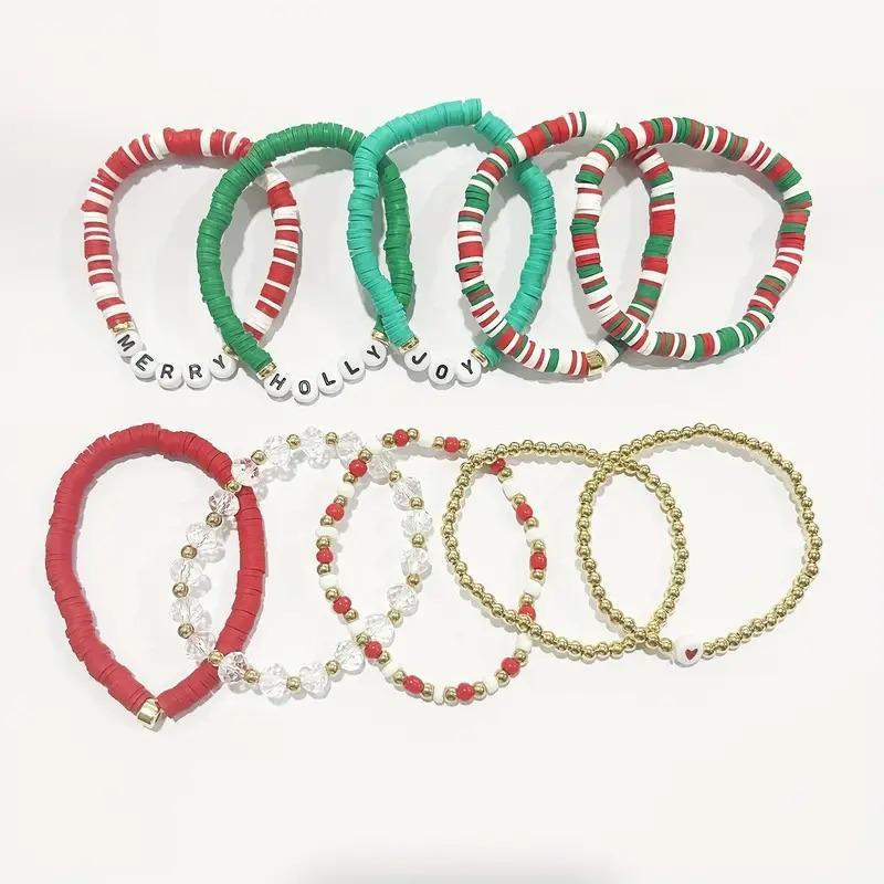 MANY [Christmas Holiday Bracelet Set] 10-Pack Festive Polymer Clay Heishi Stretch Bracelets with Joyful Messages Plastic Bead Jewelry Gift for Women Seasonal Party Accessories.