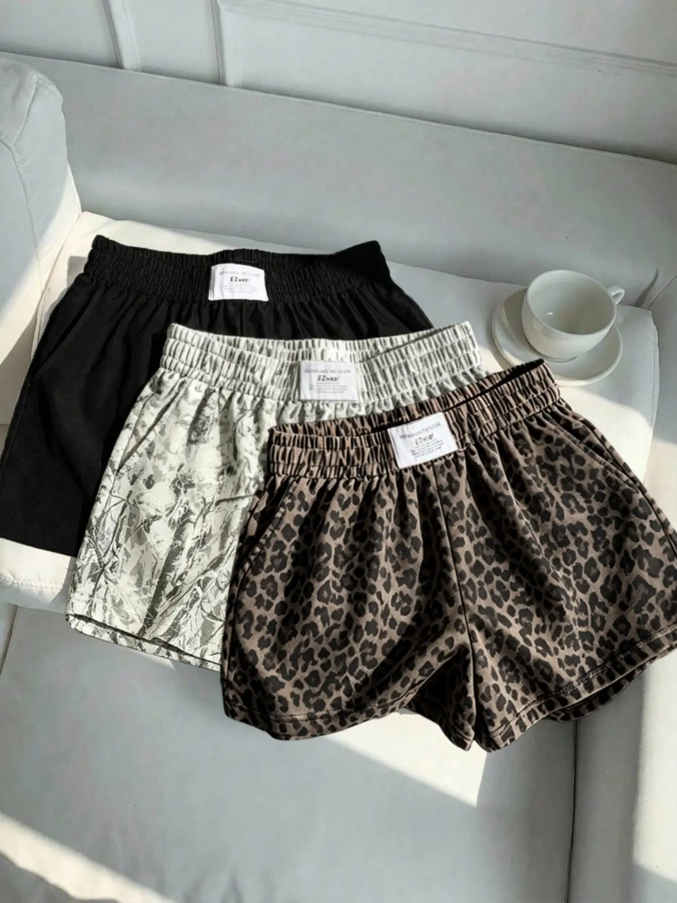 3 pieces, American retro leopard print/withered tree branch/solid color casual shorts, waist logo side pocket loose wide leg shorts, women's summer daily commuting and outdoor wear