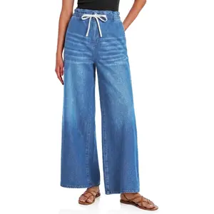 Flowyair Women's Chic Ruffled Paperbag Jeans - High Waisted Stretchy Wide Leg Denim with Elastic Drawstring for Everyday Wear
