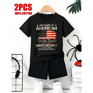 Casual Style Independence Day Boys 2pcs Short-Sleeved 100% Cotton T-Shirt And Shorts Set American Flag We The People 250 Years Of Independence July 4th 2026 Semiquincentennial Design Summer Wear for Kids Perfect Gift for Family Celebrations
