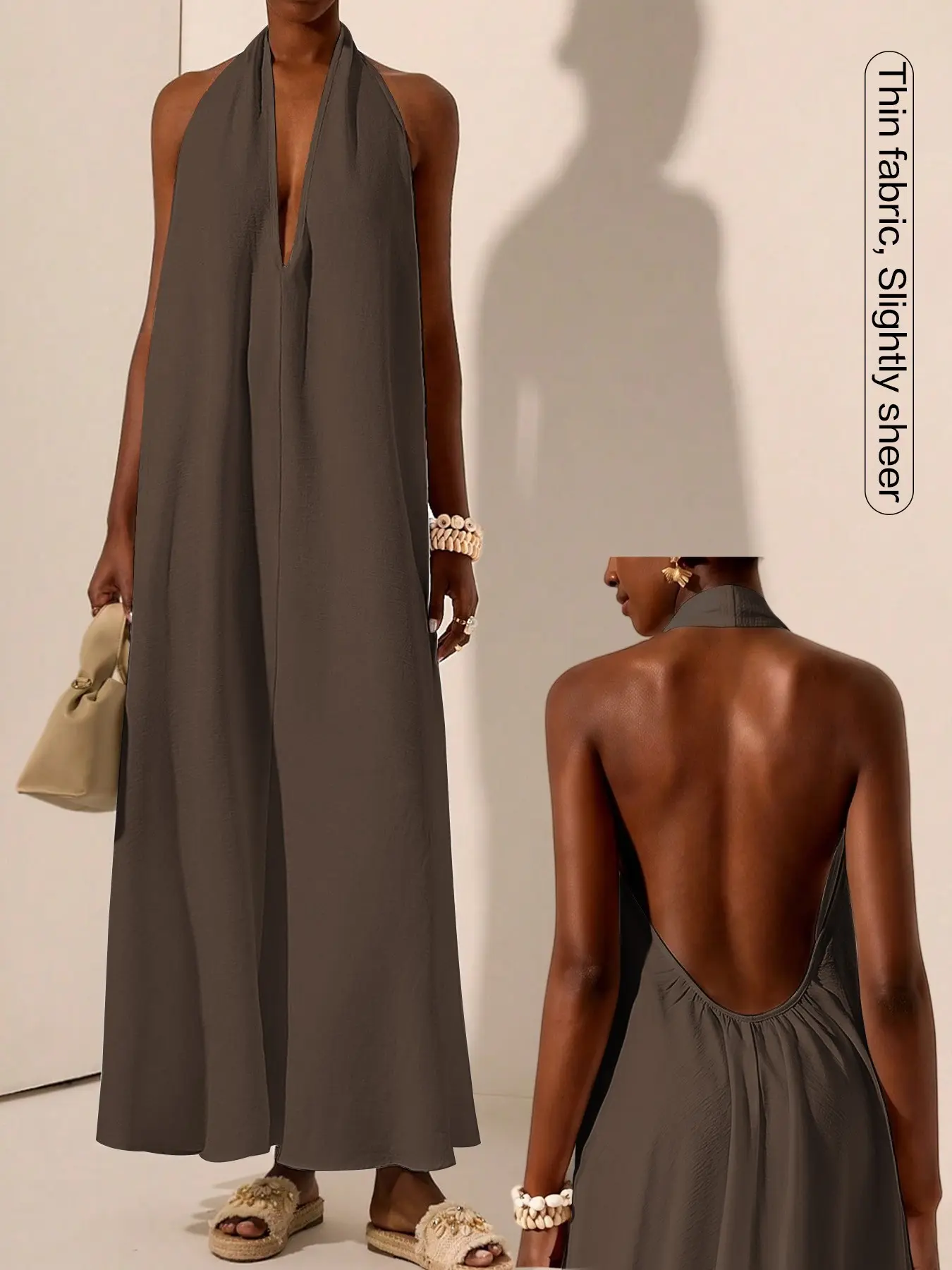 Women Halter Deep V Neck Maxi Dress, Open U Shape Back, Sleeveless Wide Cut Loose, Flowy Lightweight Wrinkle Resistant, Casual & Travel Friendly, Summer