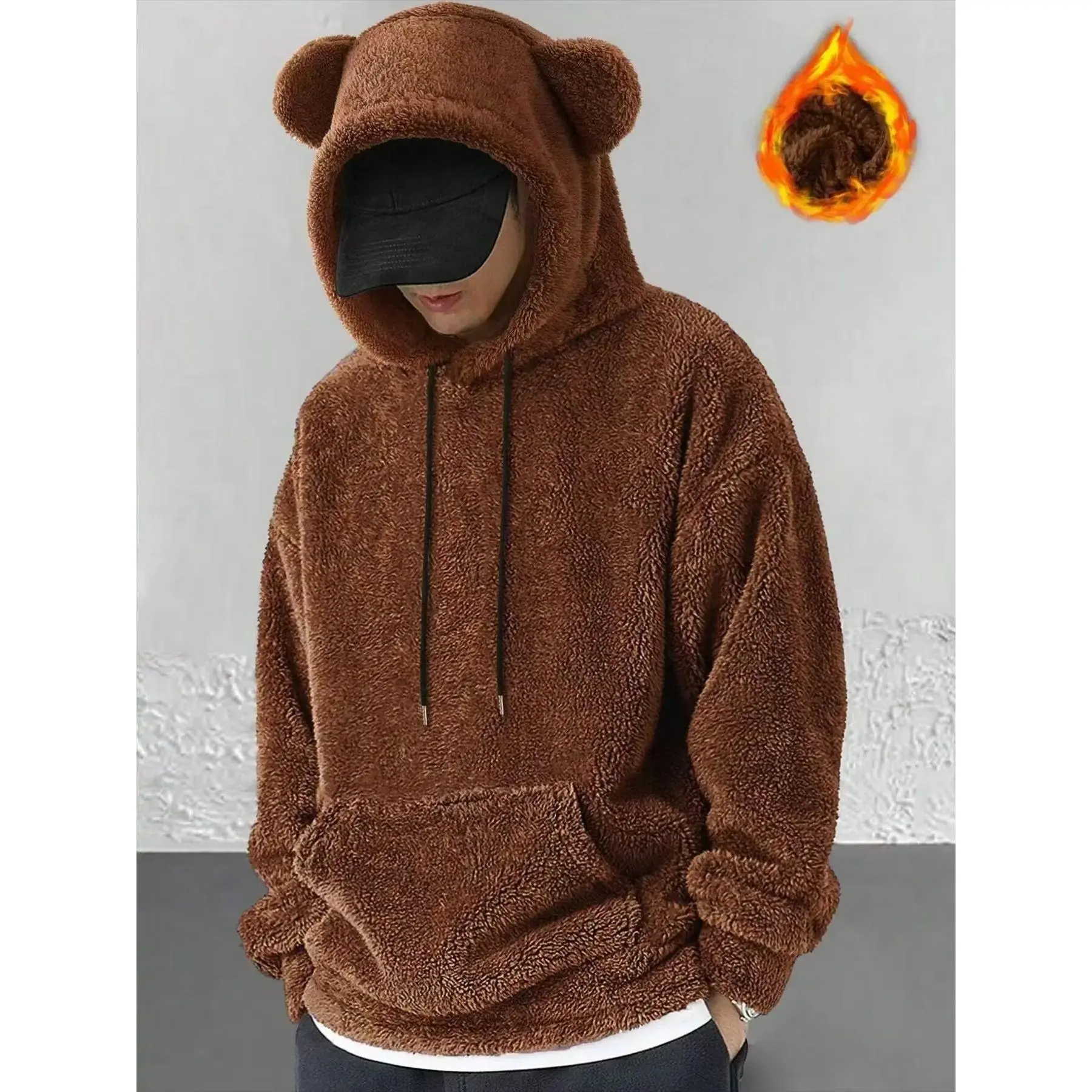 Men's & Couple Cozy Fall Winter, Soft Plush Fitted Knitted Long Sleeve Aesthetic Hoodie Pullover Sweatshirts with Cute Bear Ears Design, Large Pocket Warm Casual Wear for Home Leisure, Comfy Sweatshirt, Menswear