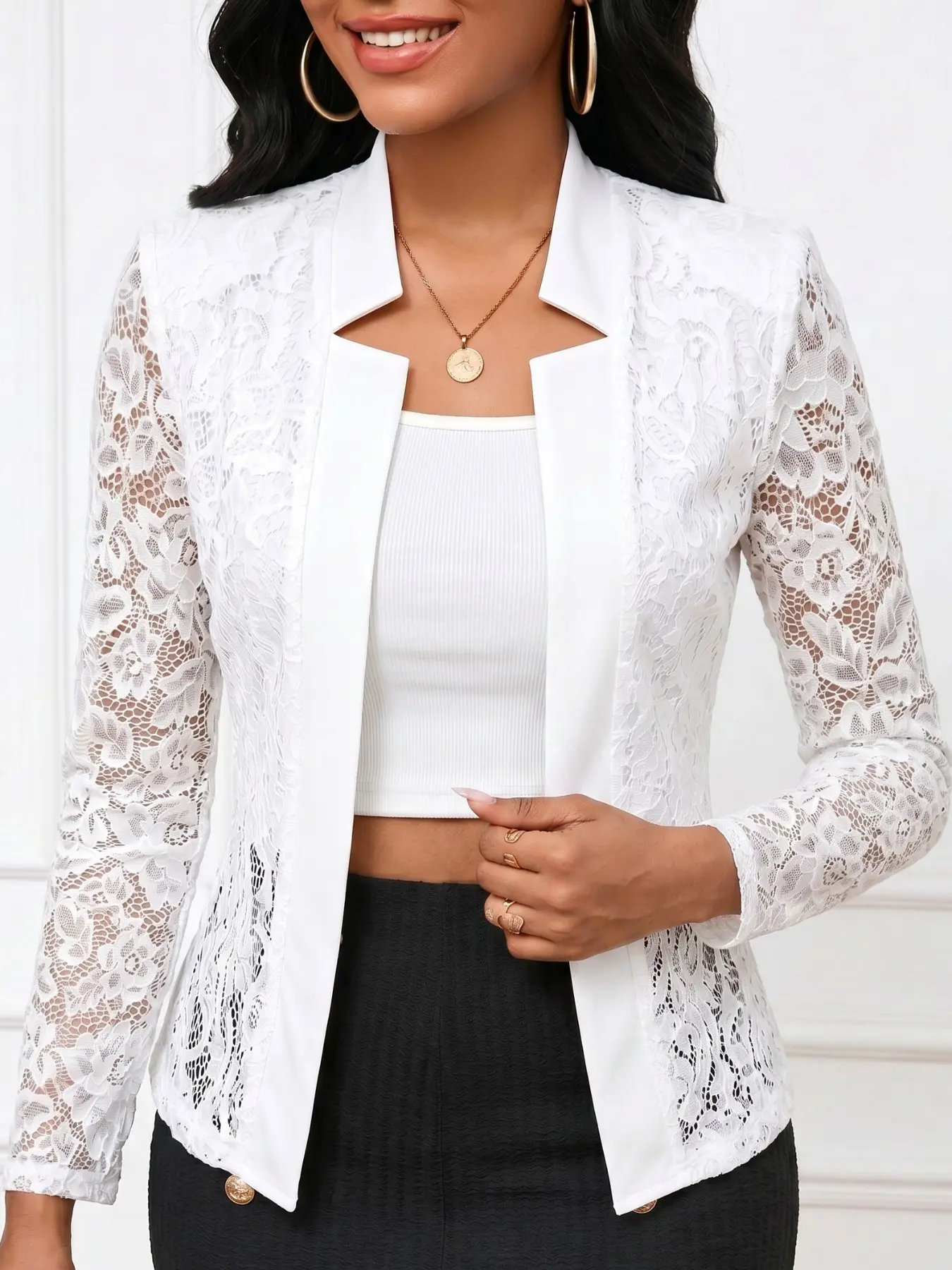 French Chic Lace Blazer, Stand Collar Design, Sheer Lace, Slimming Office Date Outerwear, Elegant Top for Women