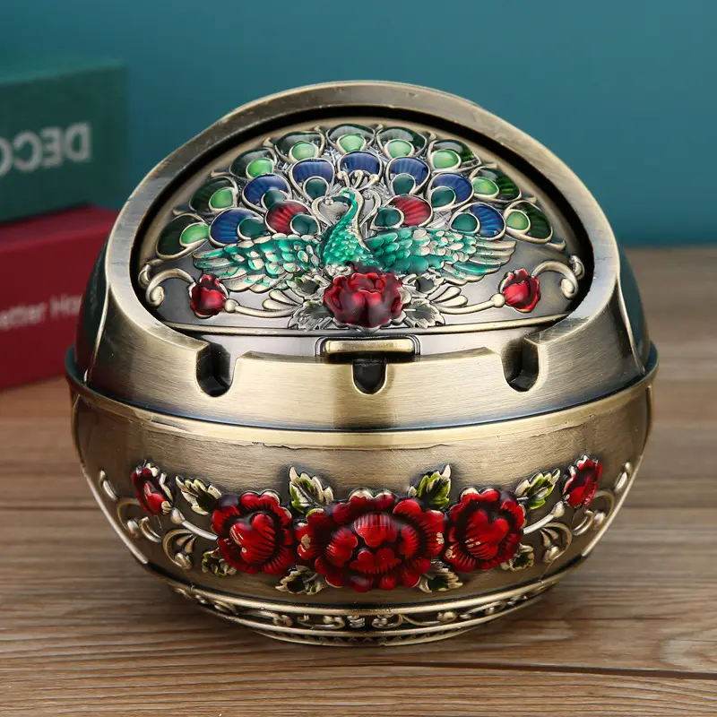 Hourwof Bronze Peacock Ashtray, Durable Metal Material, Easy Clean, No Smoke Design, Windproof Structure, Outdoor Patio & Indoor Table Decor