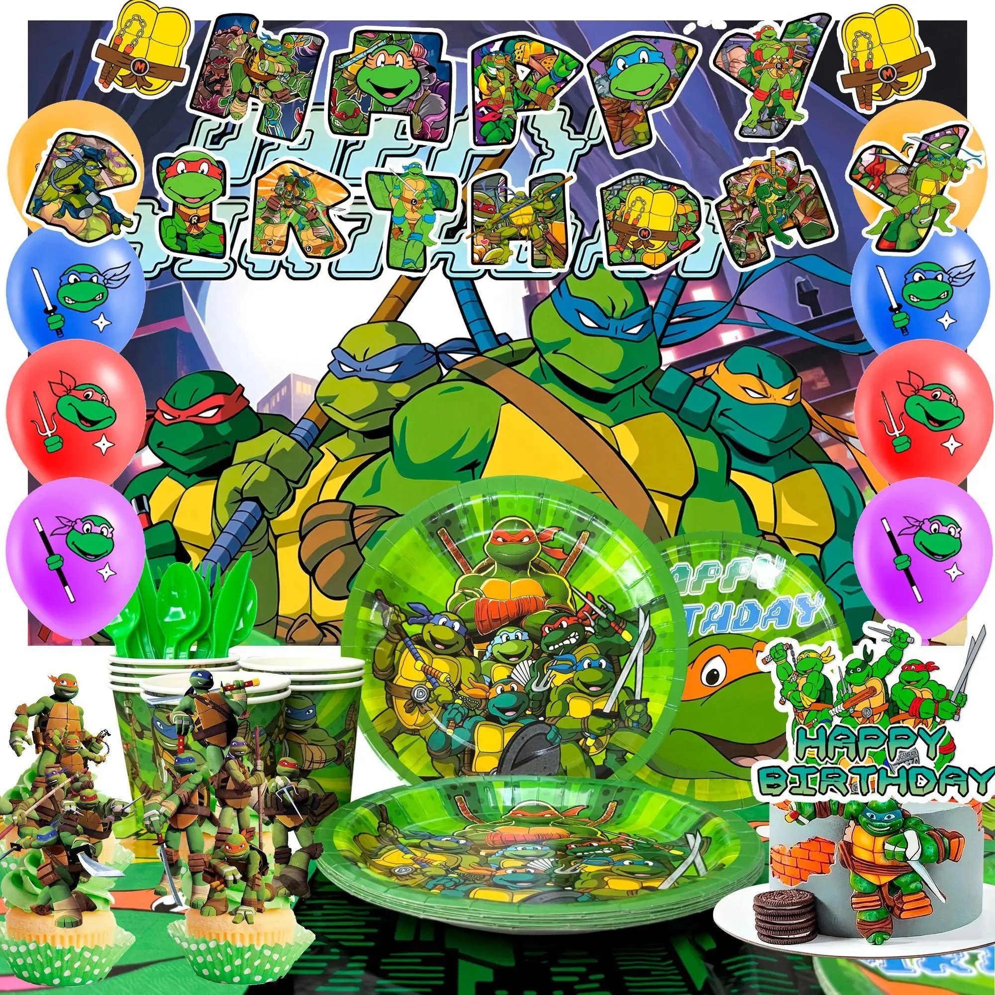 98 Pcs Ninja Turtles Party Decorations&Ninja Turtles Party Tableware Set-Banner Balloons Plates etc Ninja Turtles Party Supplies