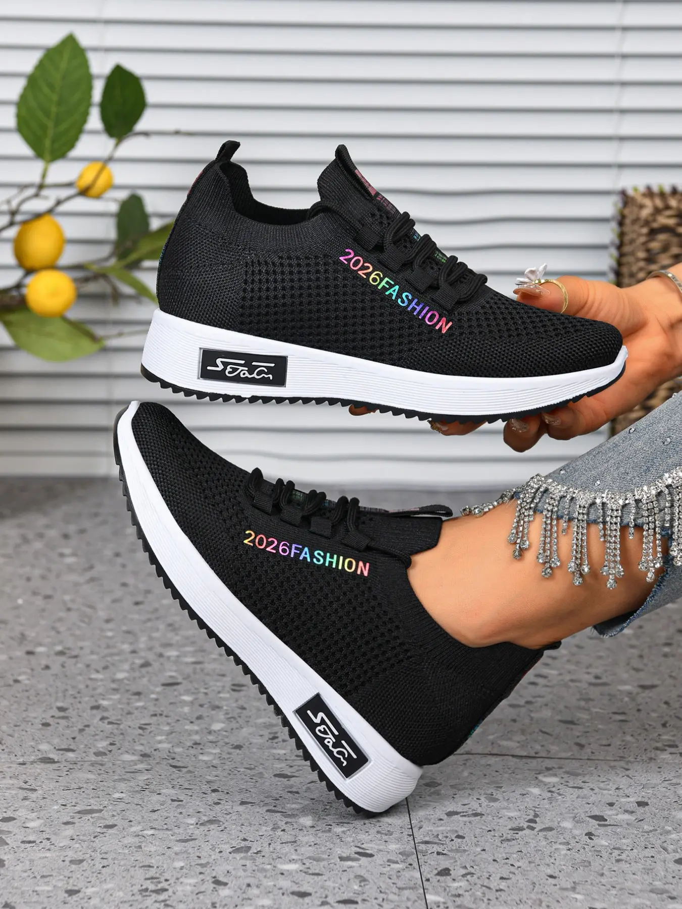 Women's Colorful Letter Flyknit Breathable Sneakers, Lightweight Soft Sole Anti-Slip Walking Shoes, Daily Commute Casual Sports Shoes, Chic Versatile Shoes