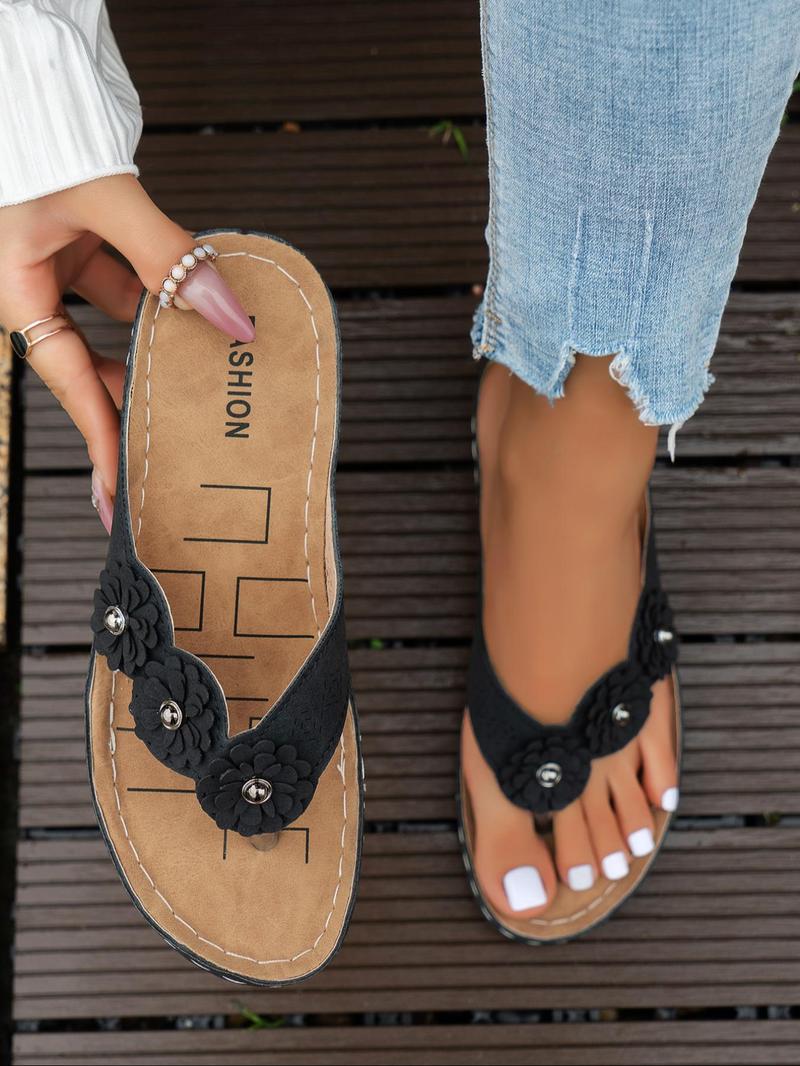 Women's Fashionable Flower Decorated Flip Flops, Casual Comfortable Platform Sandals for Summer, Lightweight Breathable Shoes for Daily Wear, Girl, Boho Sandals
