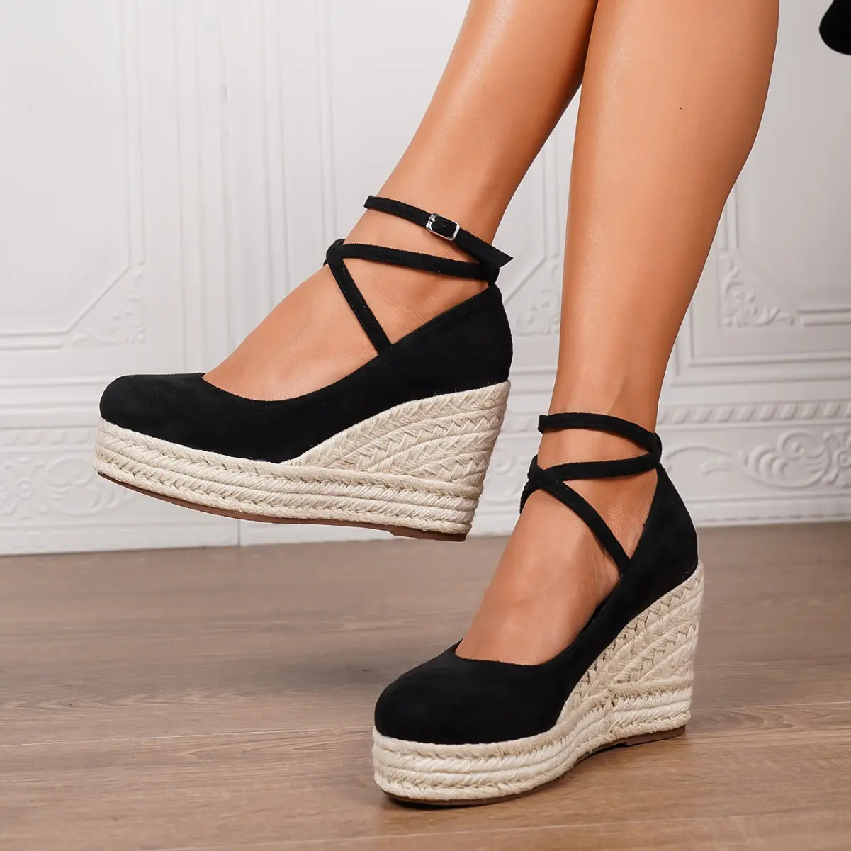 Women Solid Color Women'S Minimalist Ankle Strap Espadrille Flat Sandals With Thick Soles For Holiday Woven Block Heels