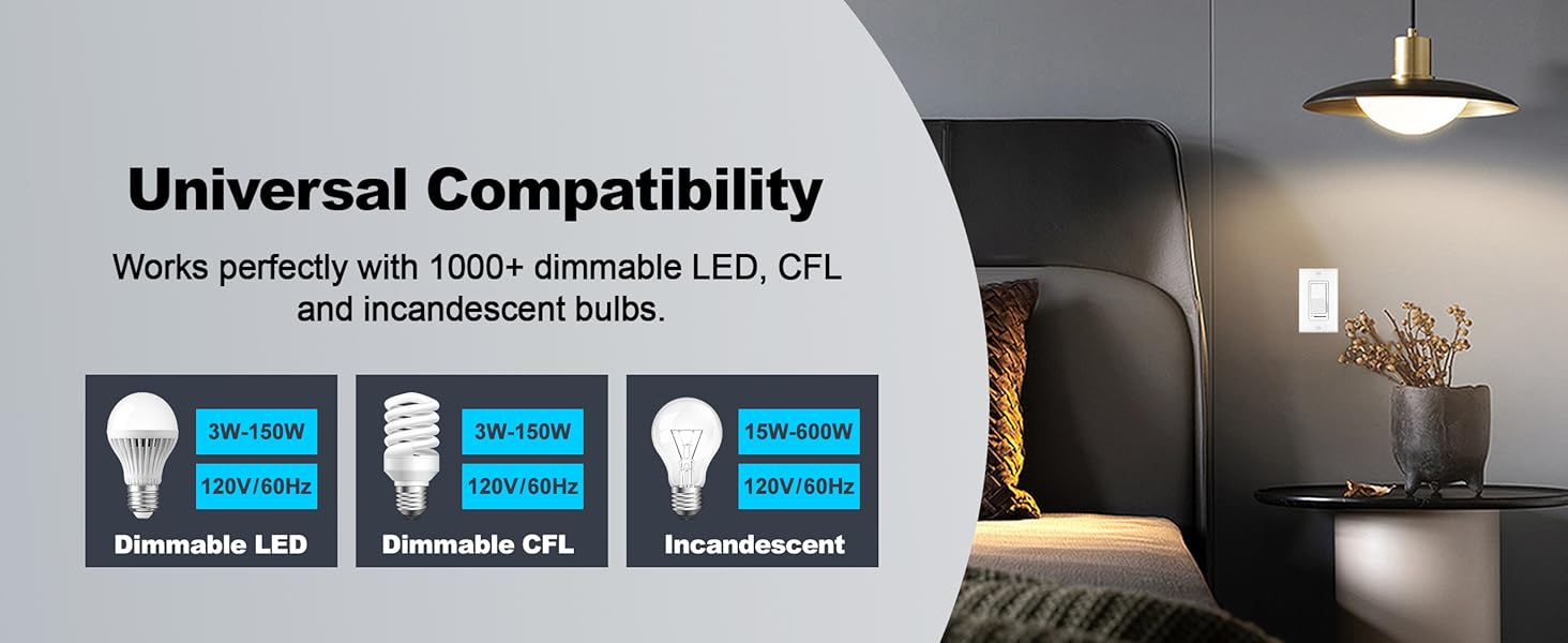 6 Pack Dimmer Light Switch, LED Dimmer Switch, Single-Pole or 3-Way, for Dimmable LED, Halogen and Incandescent Bulbs, 120V, Wall Plate Included, UL Listed, White