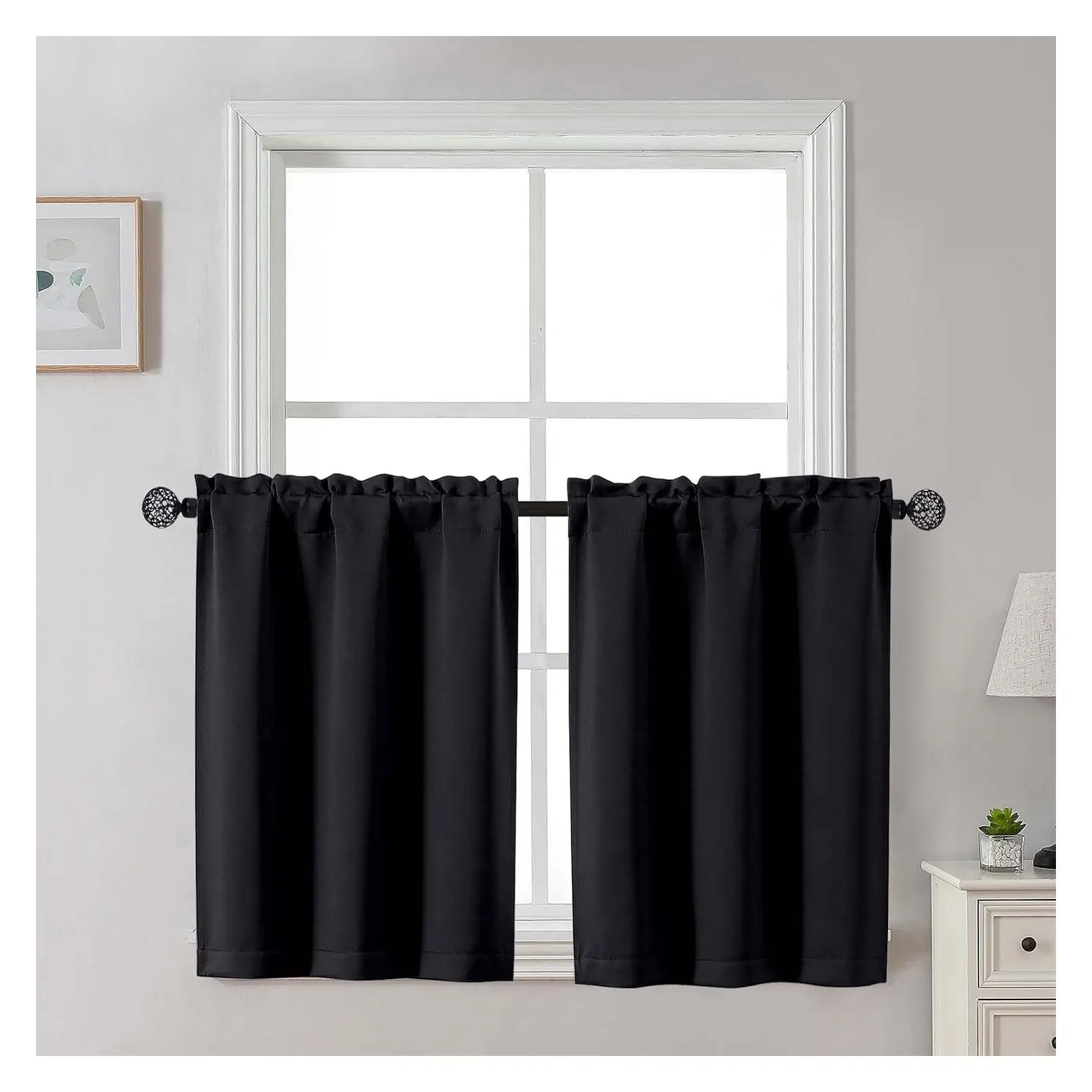 Black Blackout Curtains 30 Inch Length, Short Kitchen Curtains for Bedroom Bathroom Basement, Light Blocking Half Window Tier Window Treatments Rod Pocket, 2 Panels, Each 30" W x 30" LGift