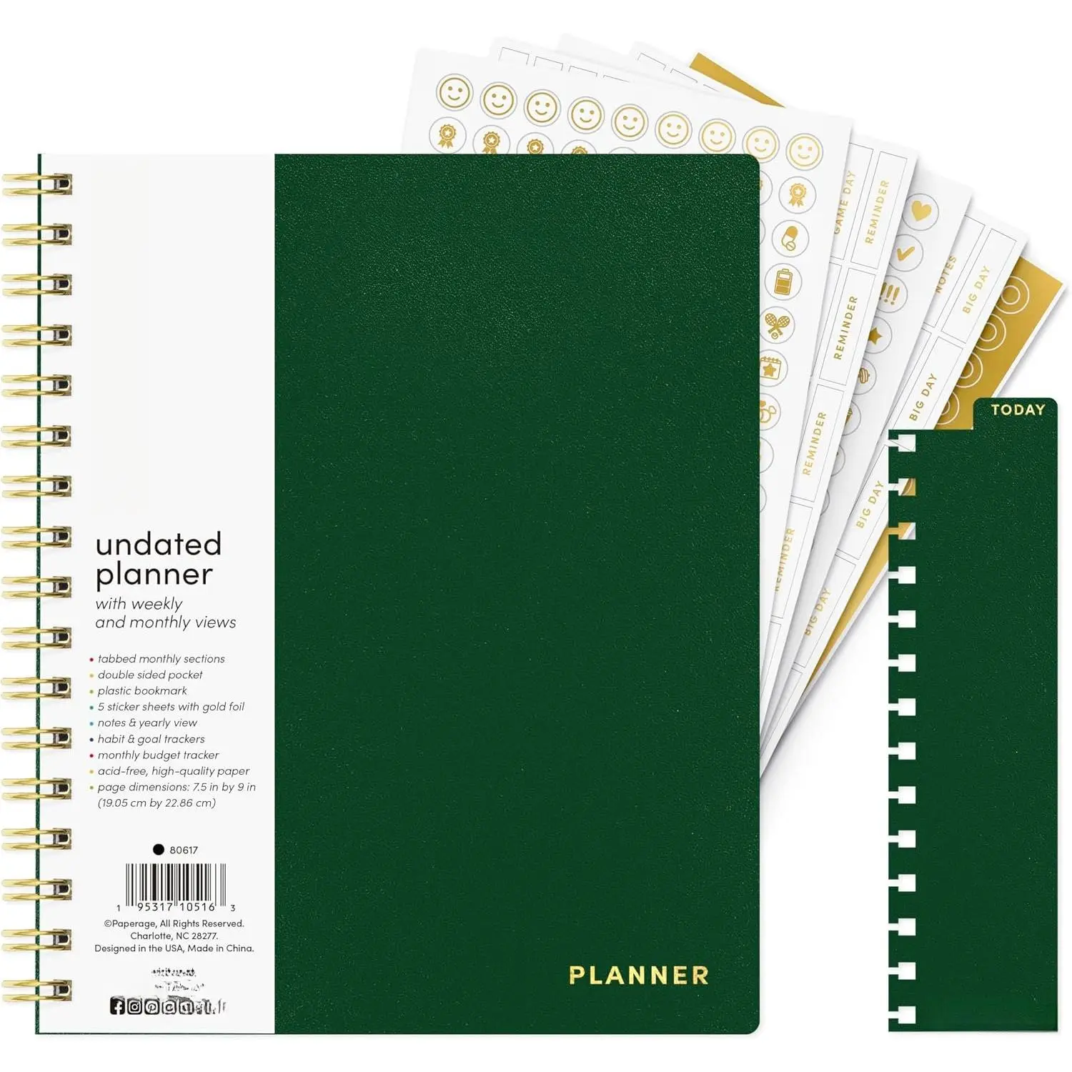 Undated 12 Month Weekly & Monthly Planner with Durable Cover & Spiral Binding, 7.5 in x 9 in, Productivity Planner with Note Pages, Goals & Budget , Stickers & Bookmark (Dark Green)