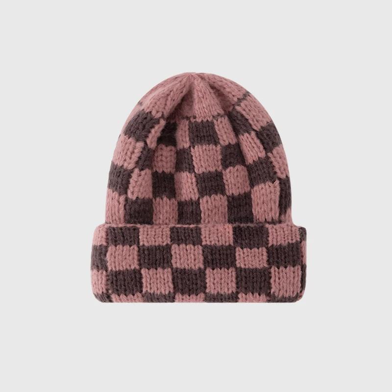 New Japanese Korean Winter Check Plaid Skullies Beanies Knit Hat for Women Ins Luxury Brand Y2k Bonnet Heavy Warm Hat Casual Cap