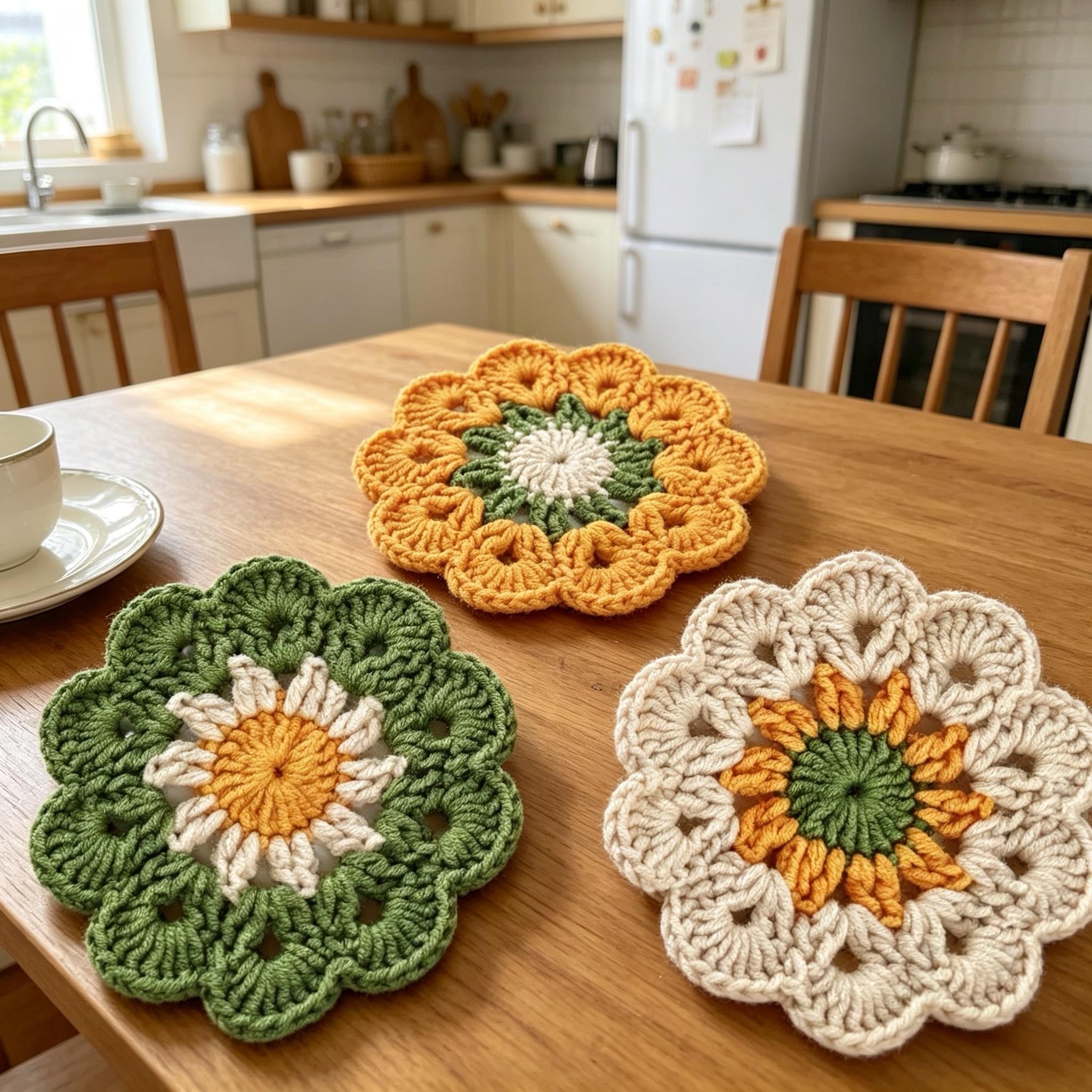 Small floral coasters, placemats, crochet heat-resistant mats, handmade milk cotton yarn balls, crochet set of 3, heat-resistant coasters, home kitchen dining room table decorations
