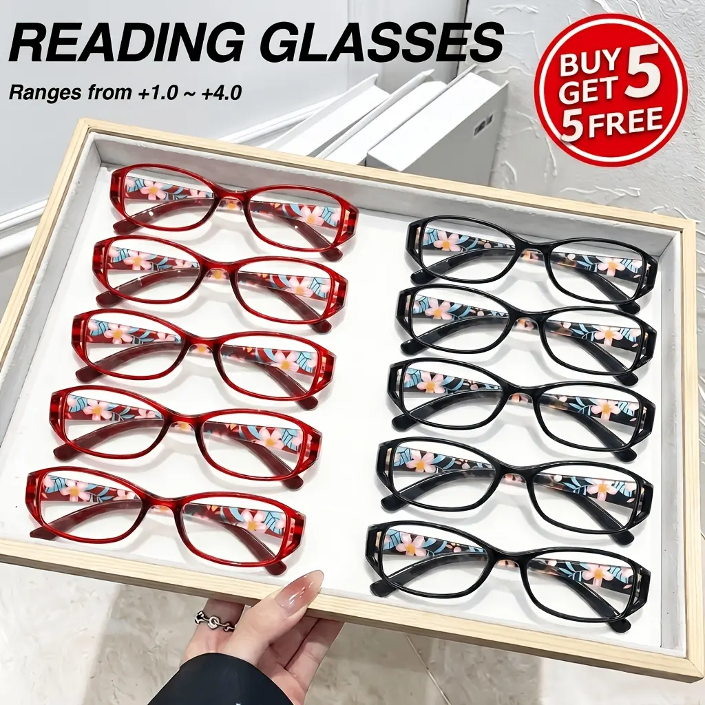 VIOLA MAG 10-Pack Unisex Reading Glasses, Ultra-Light Floral Pattern Temple, Clear Vision Glasses Set with Storage Case, Multiple Strengths Available