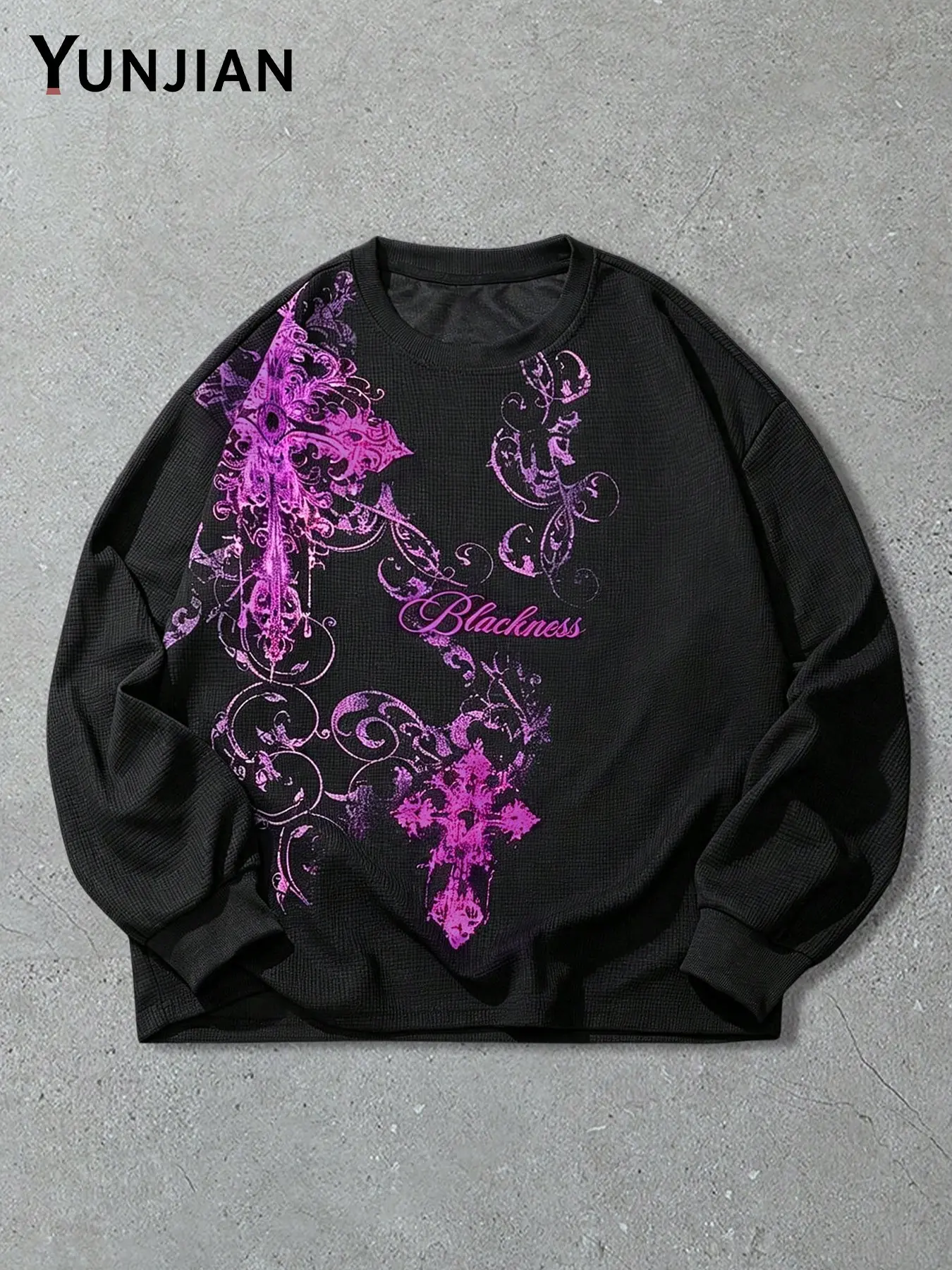 Men's Breathable Waffle Knit Loose Fit Long Sleeve Sweatshirt, Gothic Subculture Top, Asymmetric Cross Print, Casual Fall Innerwear