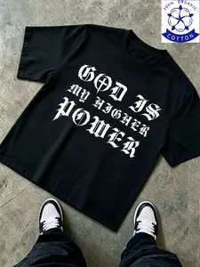 Men's Gothic Print T-Shirt, 'god Is My Ultimate Power' Faithful Cotton Tee, Casual Loose-Fit Long Sleeve Top, Fashion Asymmetrical Design