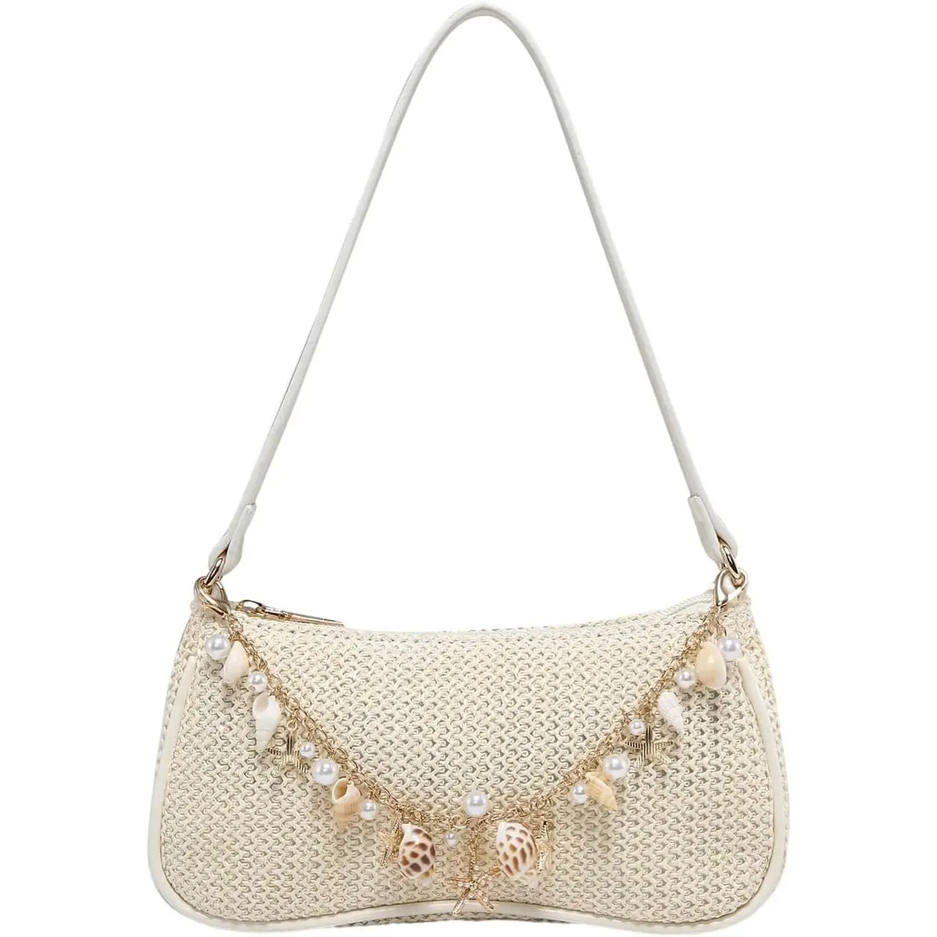 Women's Seashell Beaded Woven Purse Small  Handbags | Woven Texture, Seashell Decor, Zipper Closure, Ideal for Beach Trip and Wedding Occasions