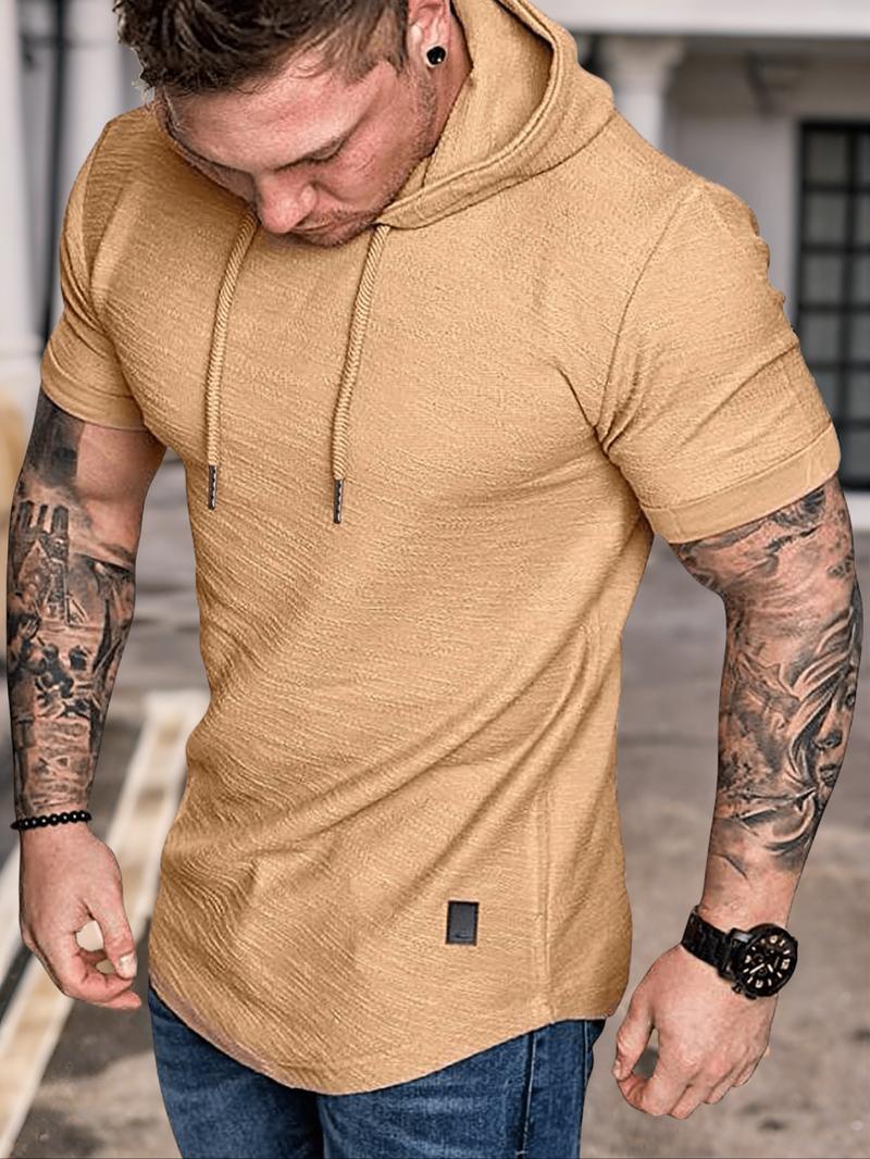 Men's Solid Drawstring Hooded Tee, Casual Regular Fit Short Sleeve T-Shirt for Summer, Menswear for Daily Wear