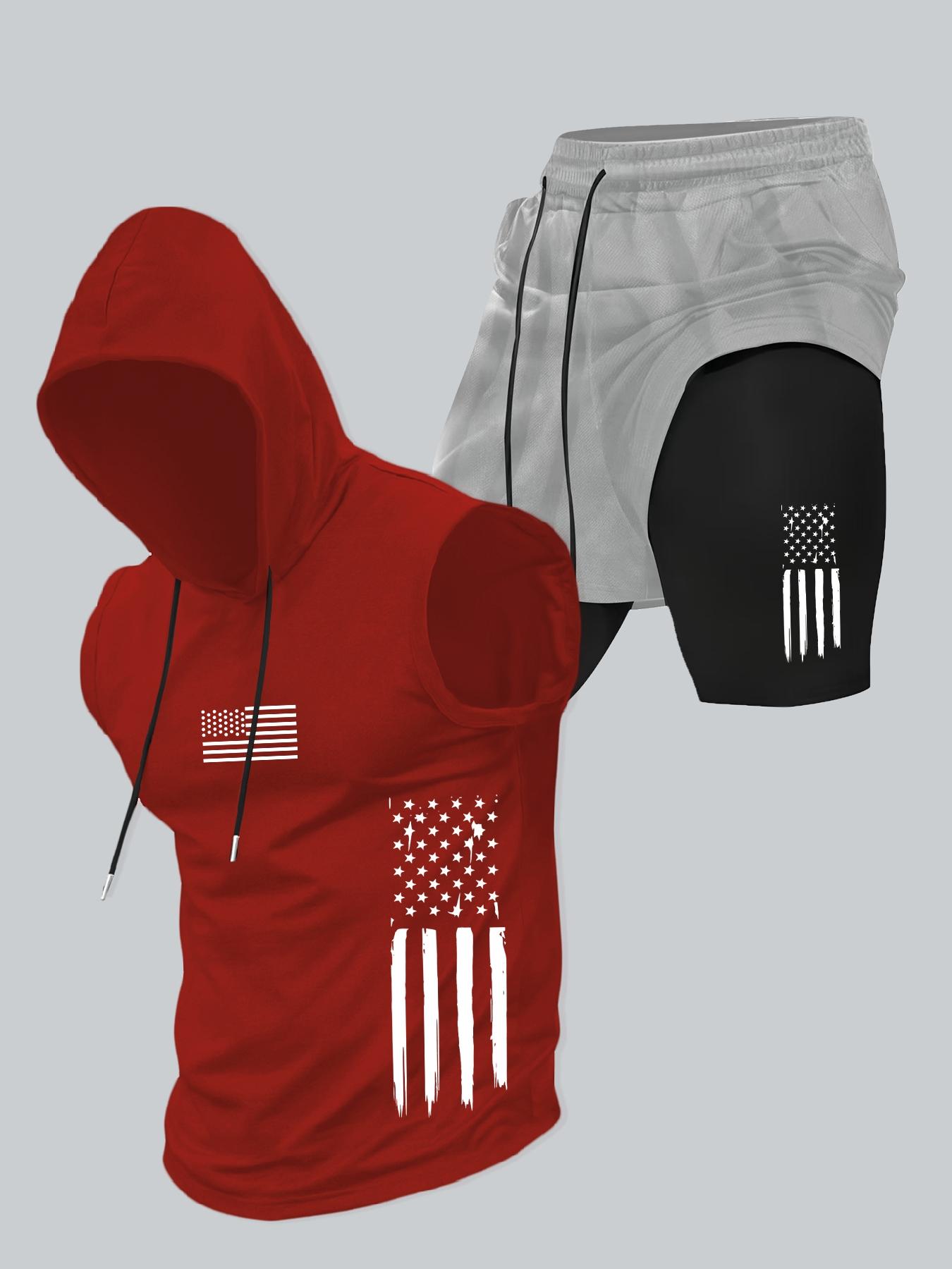 Two-Piece Set Men's American Flag Print Hooded Tank Top & Shorts Set, Regular Fit Casual Sleeveless Top & Shorts, Men's Summer Activewear Sportswear Set Menswear Athletic Clothes