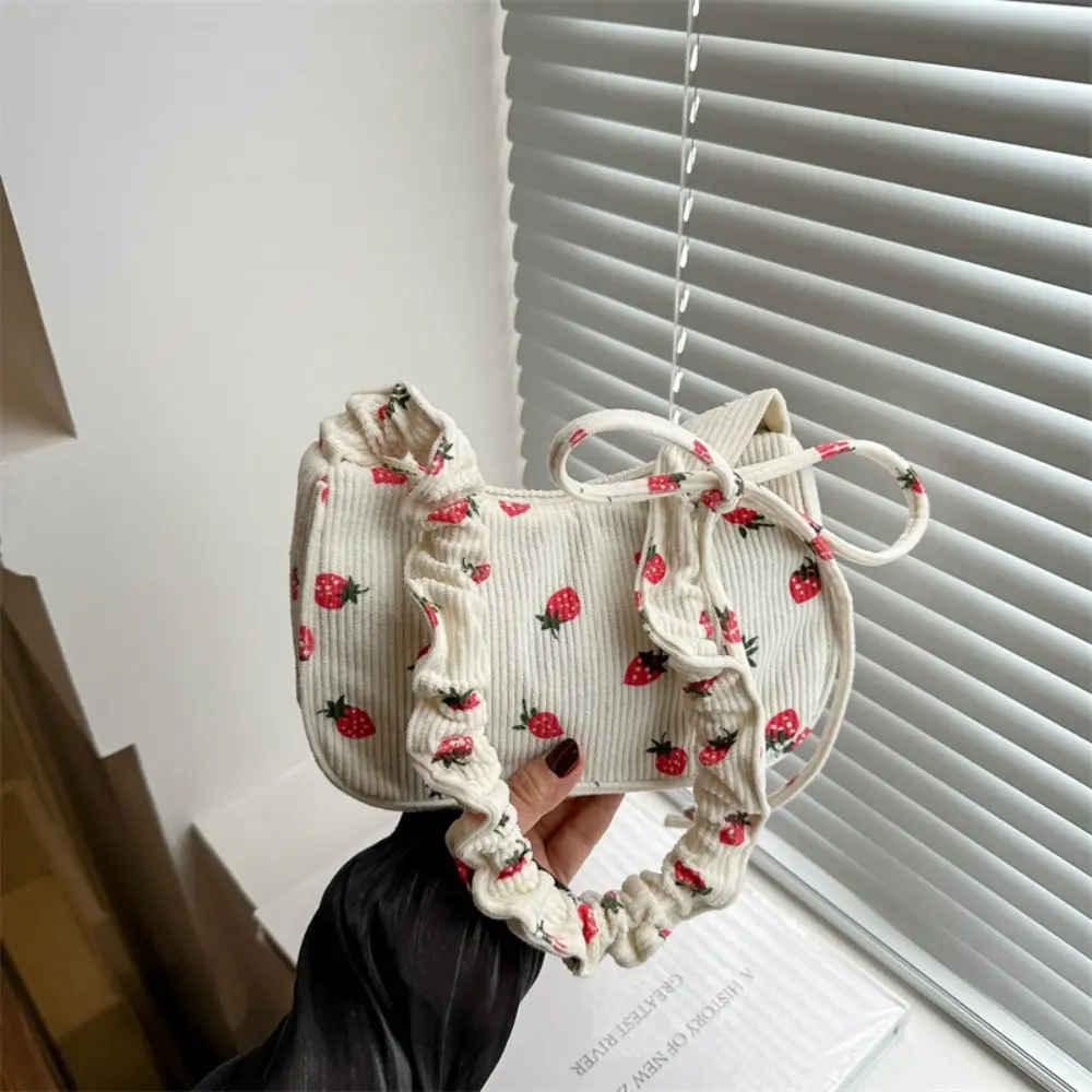 Corduroy Strawberry Print Mini Hobo Underarm Bag, Ruched Drawstring Strap Casual Shoulder Handbag for Women Daily Dating