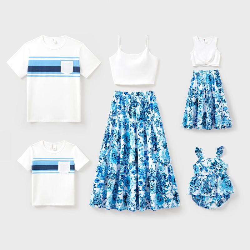 PatPat Family Matching Outfits White Camisole Top and Blue Floral Print Skirt Co-ord Set or Colorblock Short-sleeve T-shirt