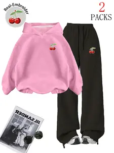 Women's Hooded Embroidered Sweatshirt Set, Casual Cherry Pattern Pants, Loose-Fitting Fall & Winter, Fashionable Daily Wear