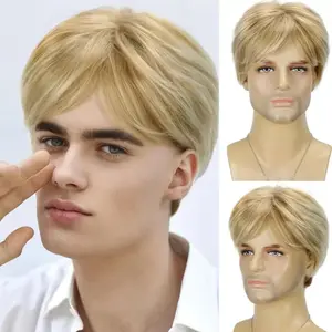 Men's fashion short wig light gold side split design, versatile for daily wear