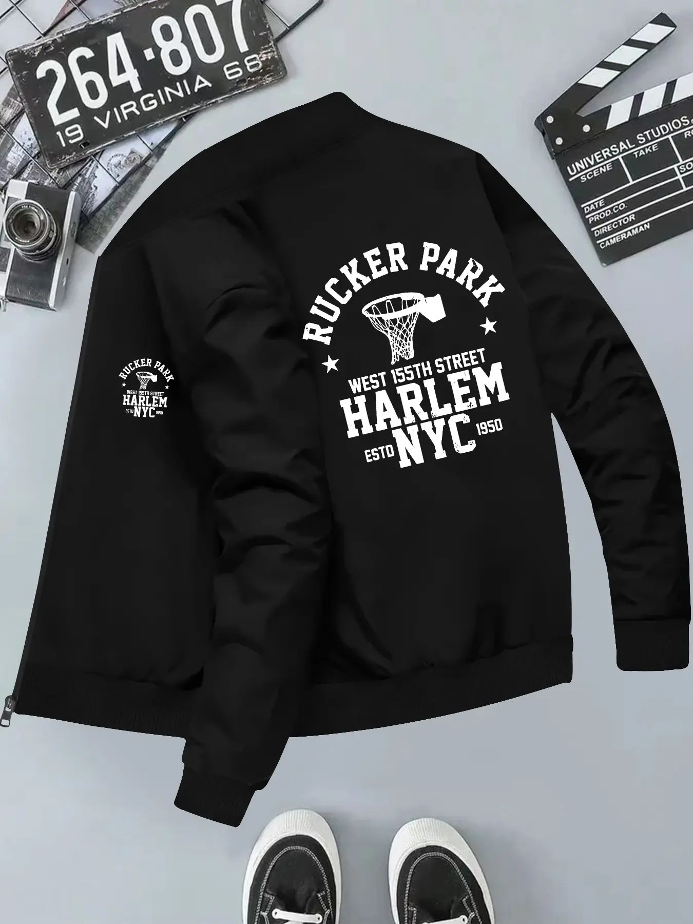 Ruckerpark Printed Men's Hooded Casual Jacket, Long Sleeve Loose-Fit Outerwear, Geometric Pattern, All Seasons, H-Type Silhouette