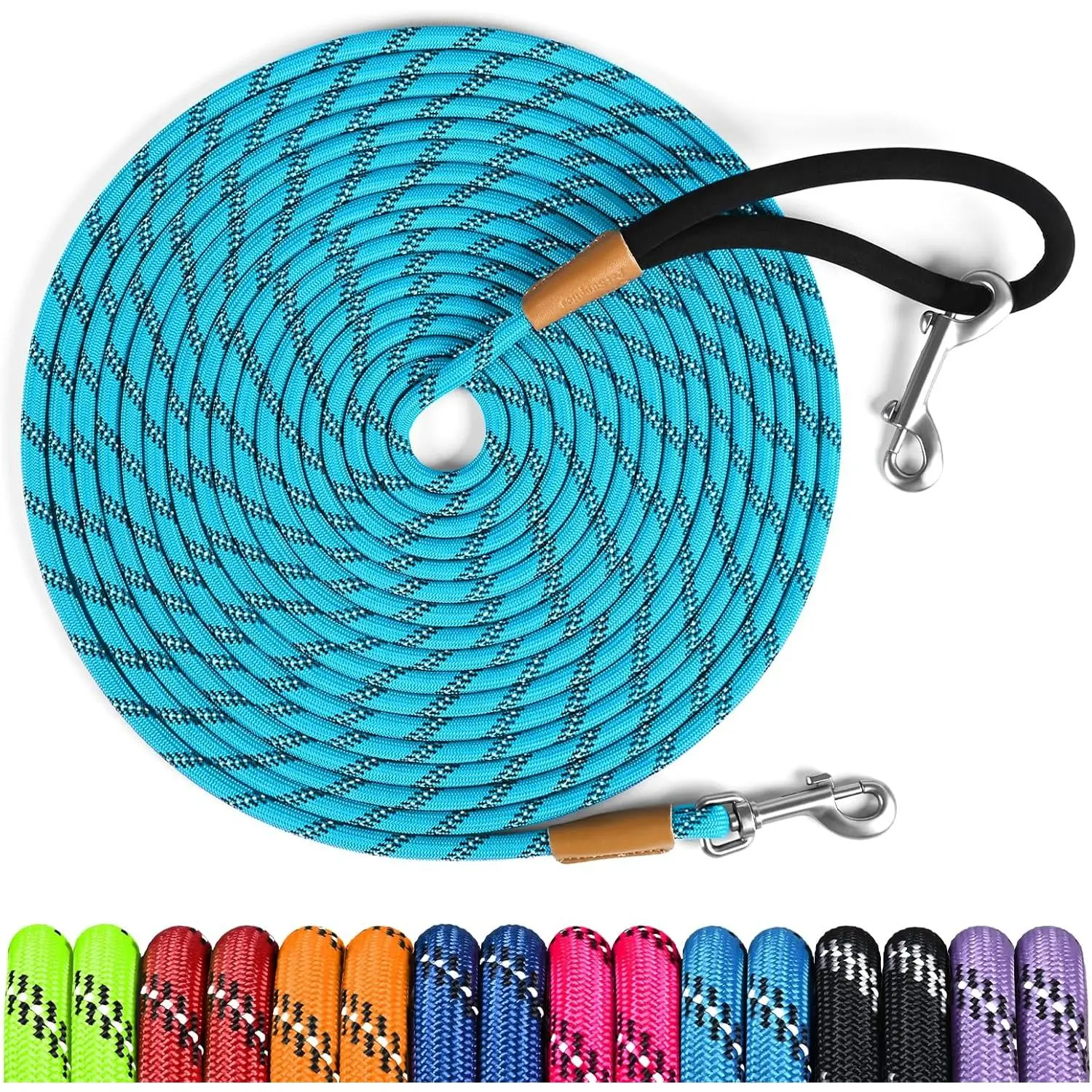 Long Dog Leash Reflective 15ft 30ft 50ft Check Cord Training Lead Padded Handle Heavy Duty Rope for Puppy Small Medium Large Dogs (Light Blue, 30ft x 3/8inch)