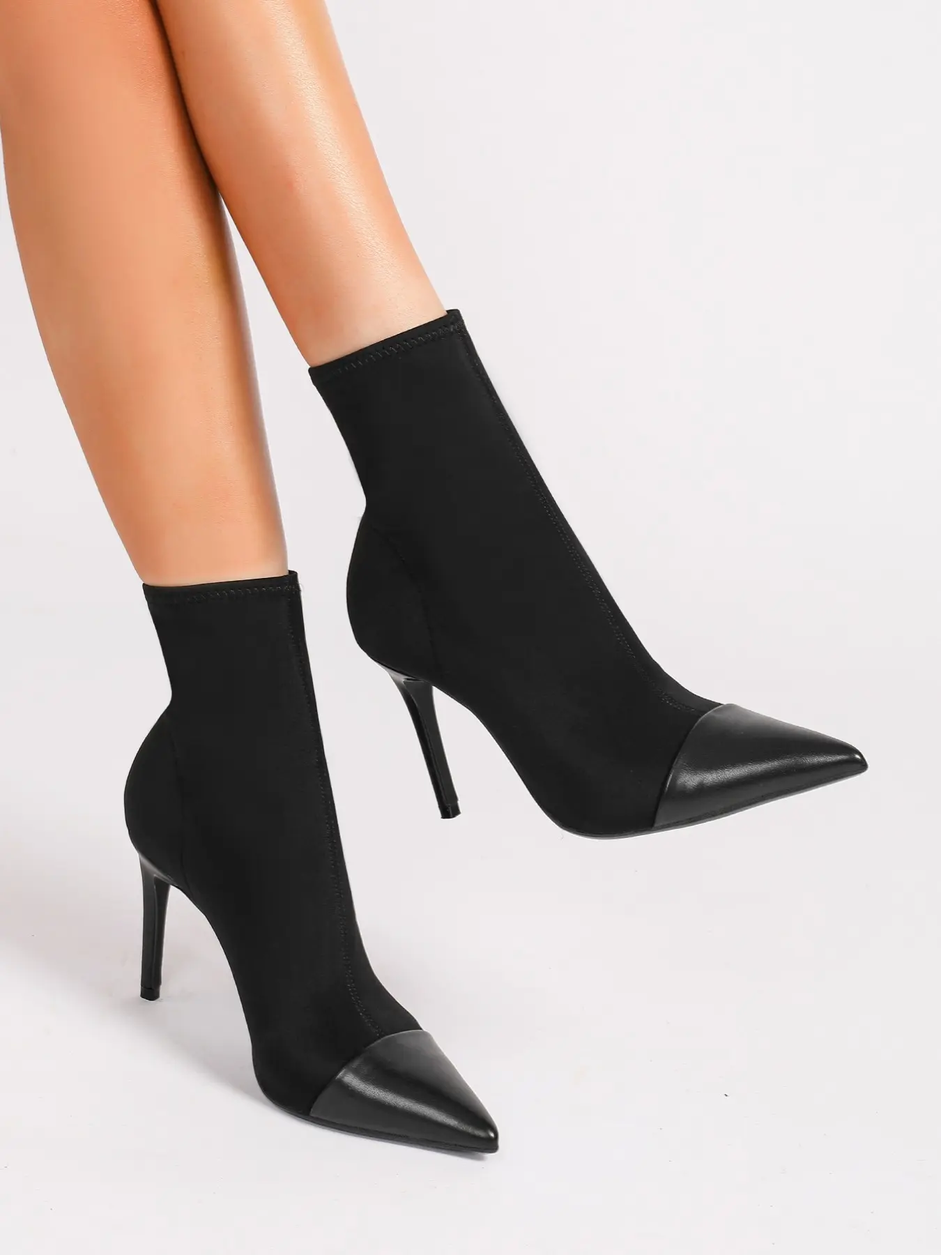 Women's All Sizes Stretchy Matte Lycra Sock Upper Pointed Toe Stiletto Heel Ankle Booties, Faux Leather Cap Toe Slip On Non Slip Cushioned Leg Shaping Sock Boots for Office Work Night Out Party Fall Winter Daily Outfits Slip On Pointed Ankle Sock Booties