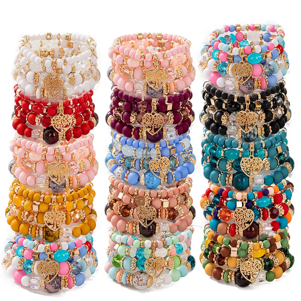 Bohemian Bracelets for Women, 24-Piece Multi-Layered Set with Artificial Crystal Hearts, Beaded Jewelry for Casual Daily Wear, Beaded Bracelets, All Seasons