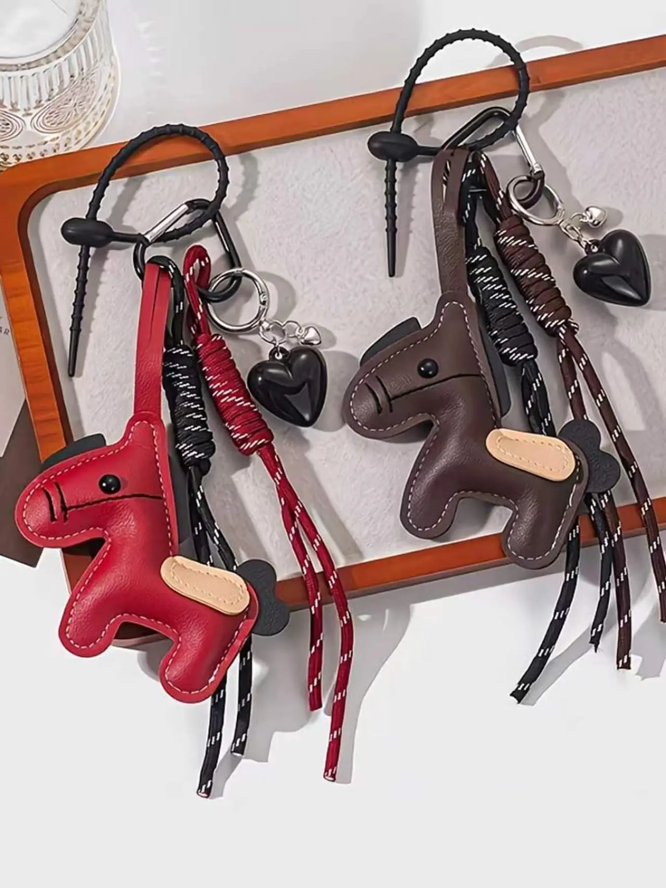 Coquette Vintage Leather Horse Bag Charm, Handmade Tassel Keychain, Cute Black Heart Pendant Portable Backpack Accessories Gift For Women Teen Girls