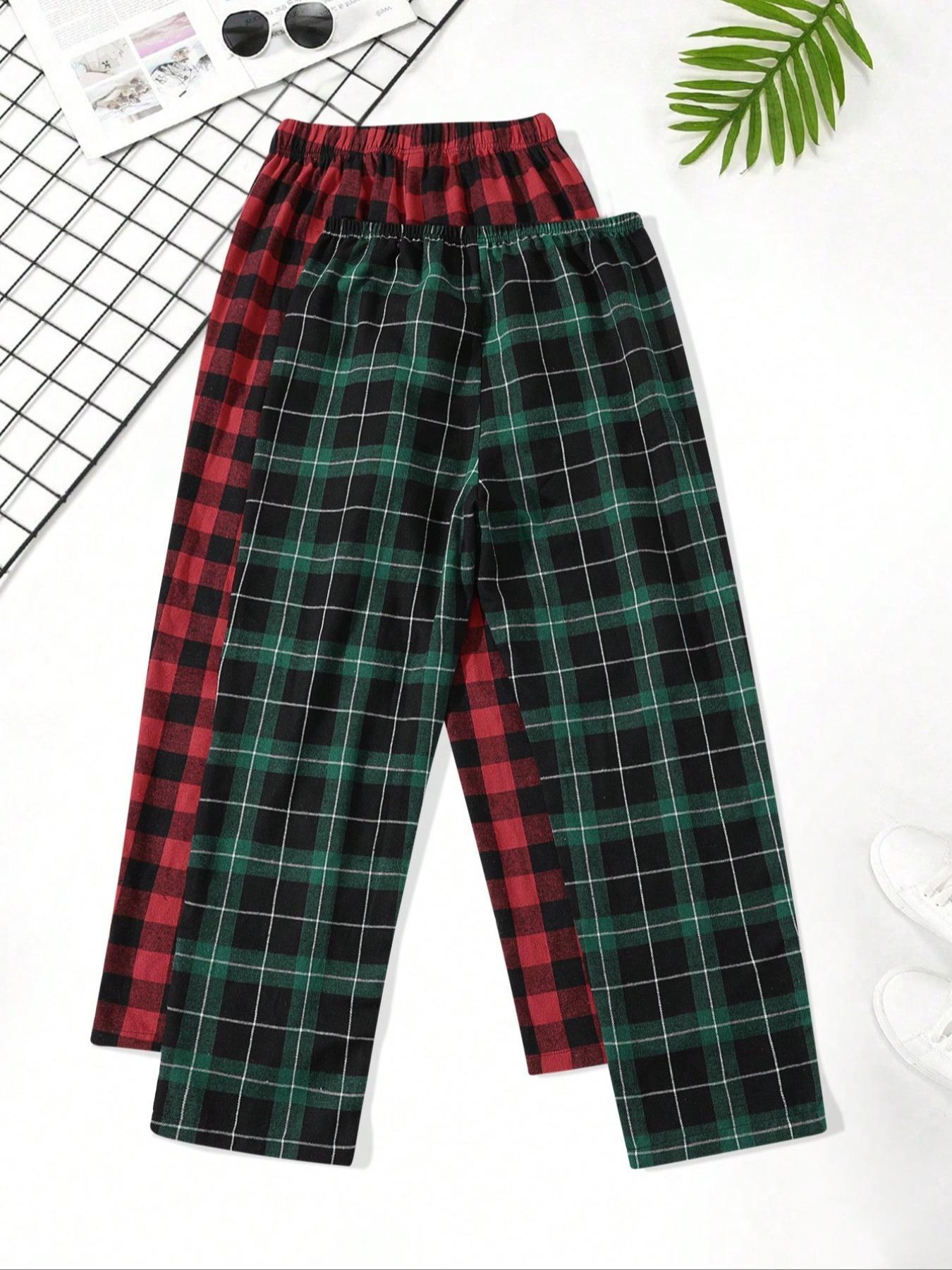 Men's 2pcs Plaid Print Elastic Waist Sleep Pants, Casual Comfy Loungewear Pants, Soft Breathable Sleep Bottoms for All Seasons