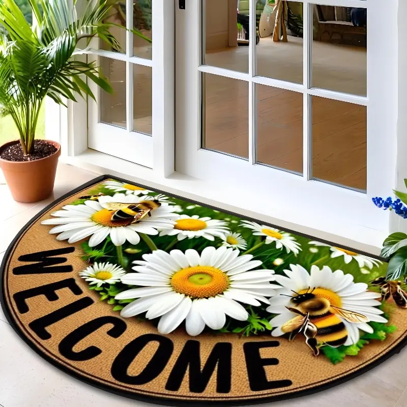 Welcome bee and floral design non-slip semi-circular door mat, entrance doormat, suitable for patio, laundry room - fashion home decoration, available in a variety of sizes, outdoor front door mat, patio door mat, decorative floor mat, housewarming gift