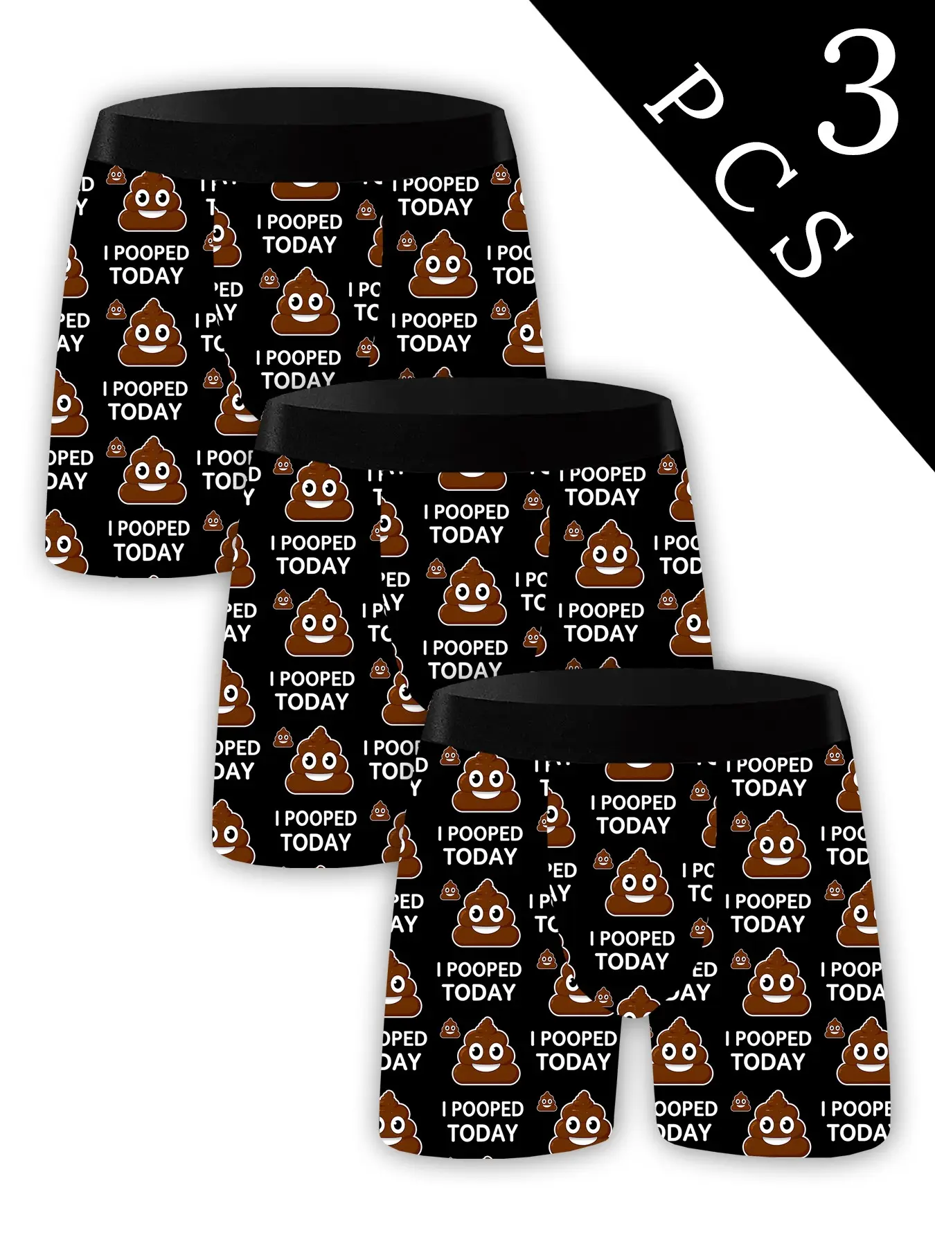 3-Pack Funny Print Men's Boyshorts, I Pooped Today All-Over Print, High Elastic Breathable Mid-Waist, Comfortable Casual Wear