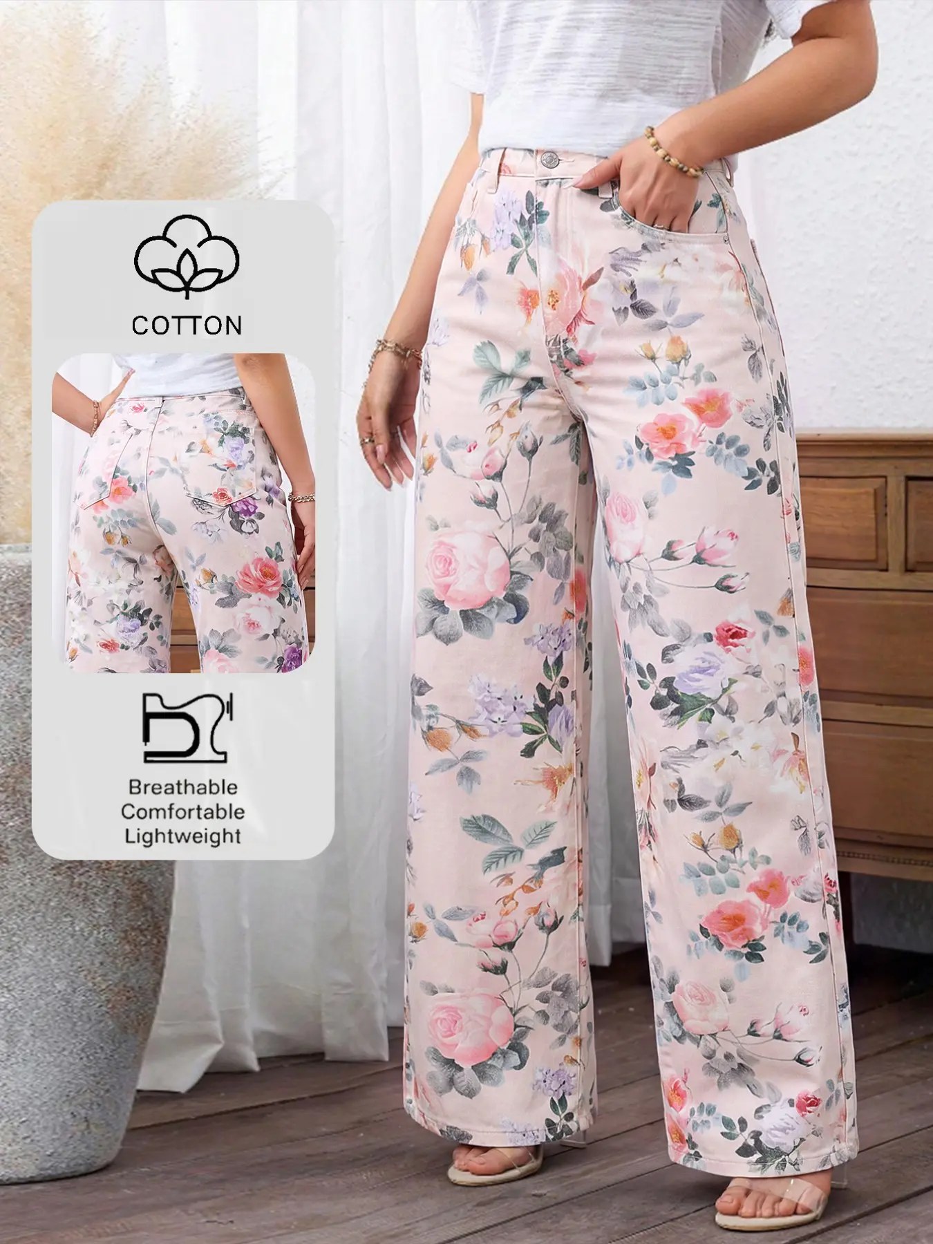 Women's High-Waisted Wide-Leg Denim Jeans, Base Watercolor Rose Ditsy Floral Print, Breathable, Lightweight and Comfortable, Casual Everyday Wear