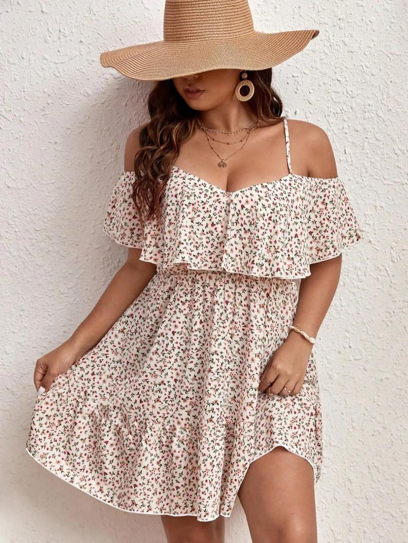 Plus Size Ditsy Floral Print Cold Shoulder Ruffle Trim A Line Dress, Boho Romantic Short Dress for Beach Vacation Holiday, Summer Outfits 2024, Dresses for Women, Women's Clothes for Summer