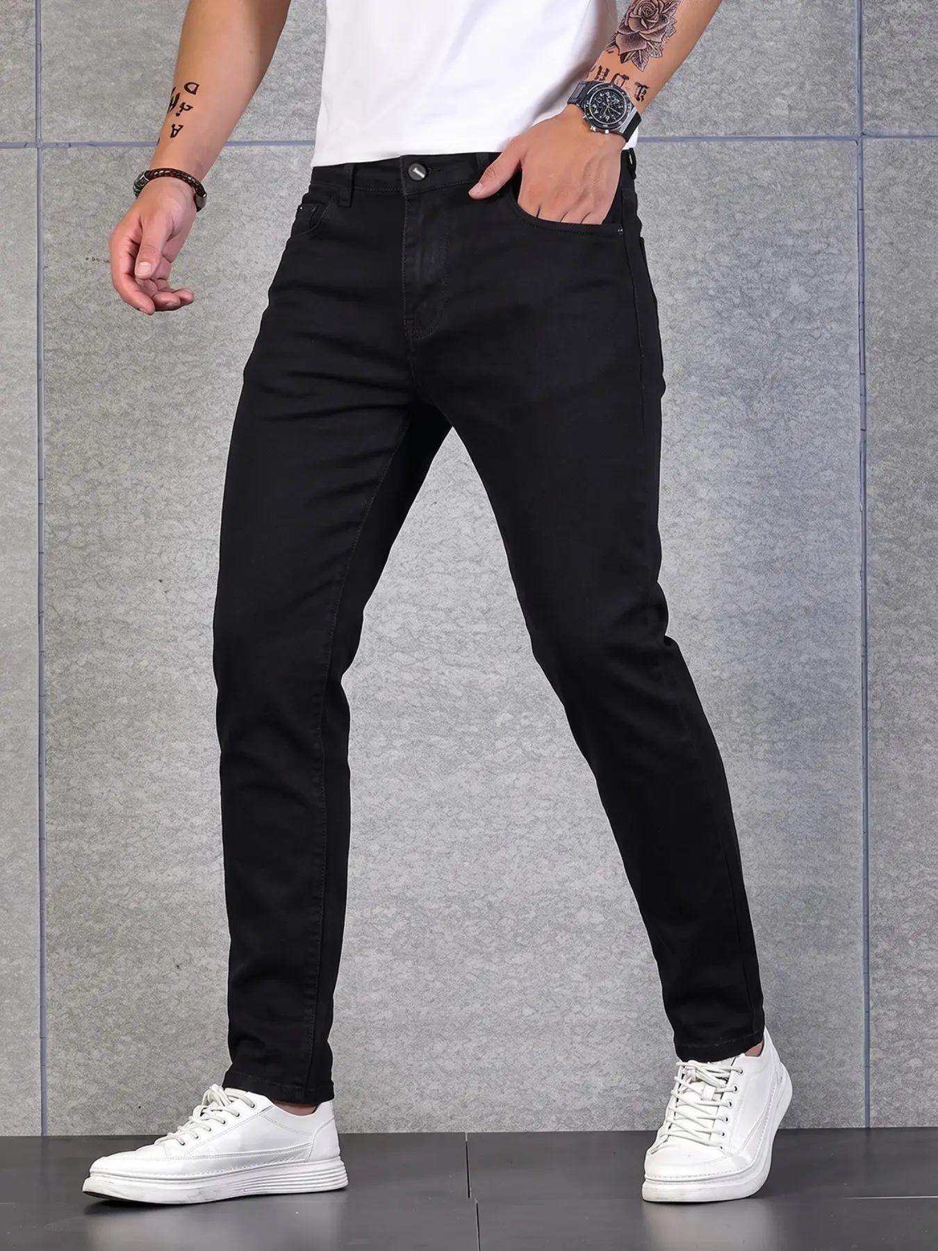 Men's Slim Fit Plain Color Jeans, Casual Work Jeans, Elastic Straight Leg Business Long Pants, Soft Cotton Fabric, Four-Season Wear, Slant Pockets