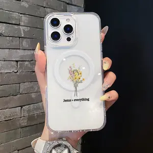 Magnetic Coquette Case for iPhone 17 16 E Pro Max 15 Plus 14 13 12 11 XS XR, Pastel Wildflower Jesus Quote Graphic Design | Shockproof, Girly, Stylish, Silicone, and Trendy Protection