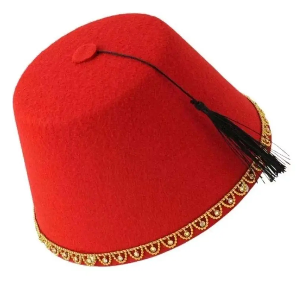 Universal Round Felt Fez Cap Breathable Moroccan Hat Tarboosh Fez Hat Cosplay Red Color Turkish Tassels Cap Party Hat