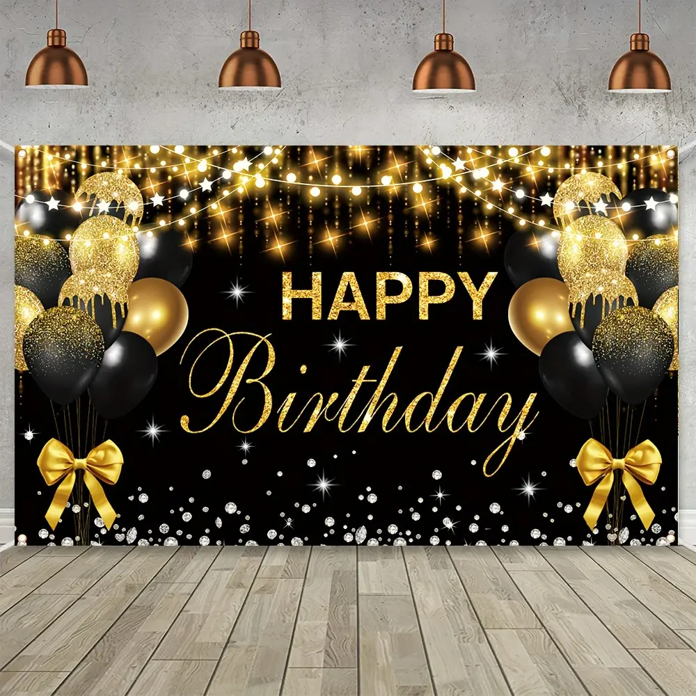 2D Flat Black & Gold Happy Birthday Banner | Elegant Balloon Bow Party Backdrop | Single-Sided Polyester | Metal Grommets for Easy Hanging | Perfect for Birthday Parties, Family Celebrations, Photo Booths, Dessert Tables & Indoor/Outdoor Decor