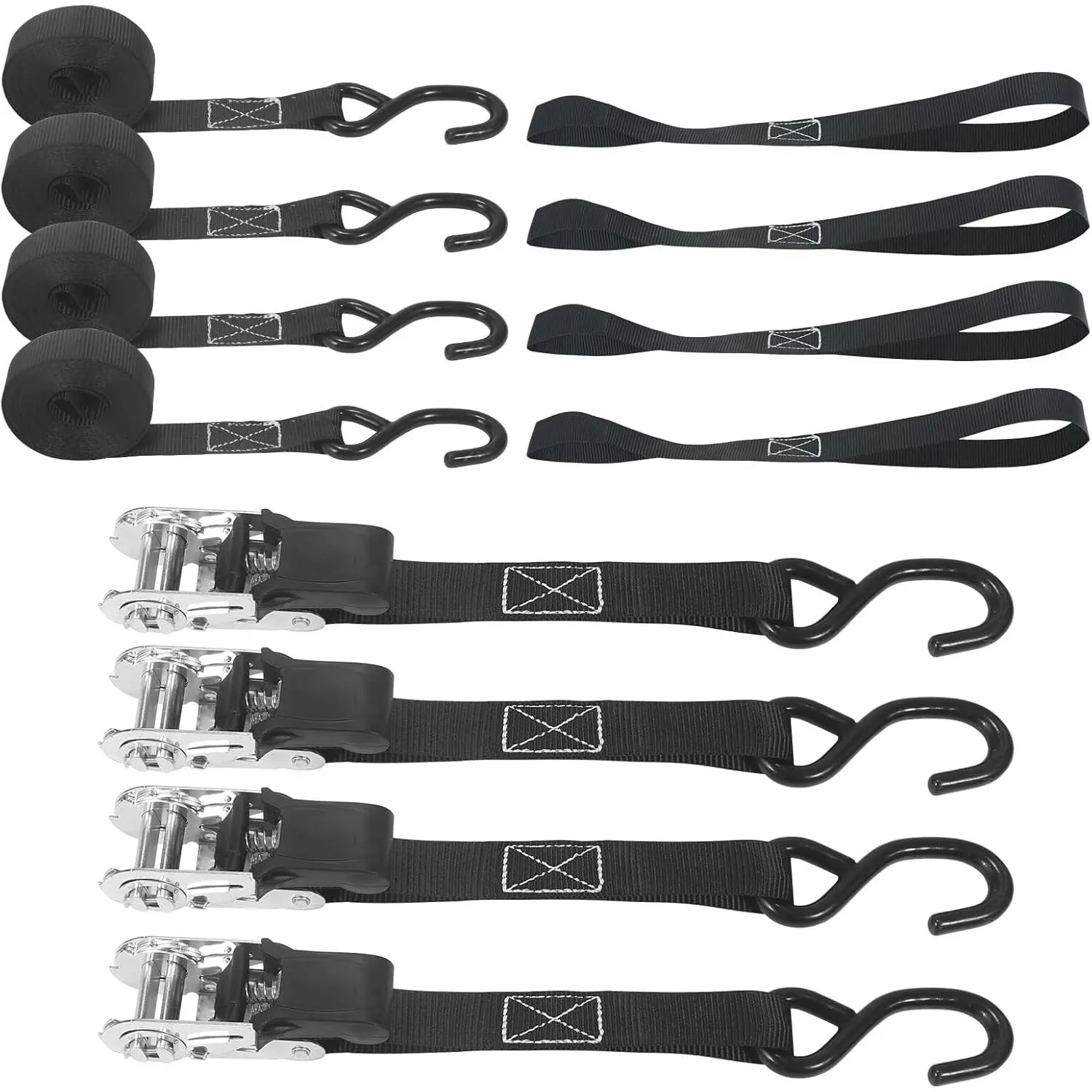 Retractable Ratchet Straps, 1,500 Lbs Break Strength, 4 Pack 1 Inch X 15 Feet, Retractable Ratchet Straps Duty with 4 X Soft Loops Padded Handles Coated S Hook for Cargo, Trucks, Moving