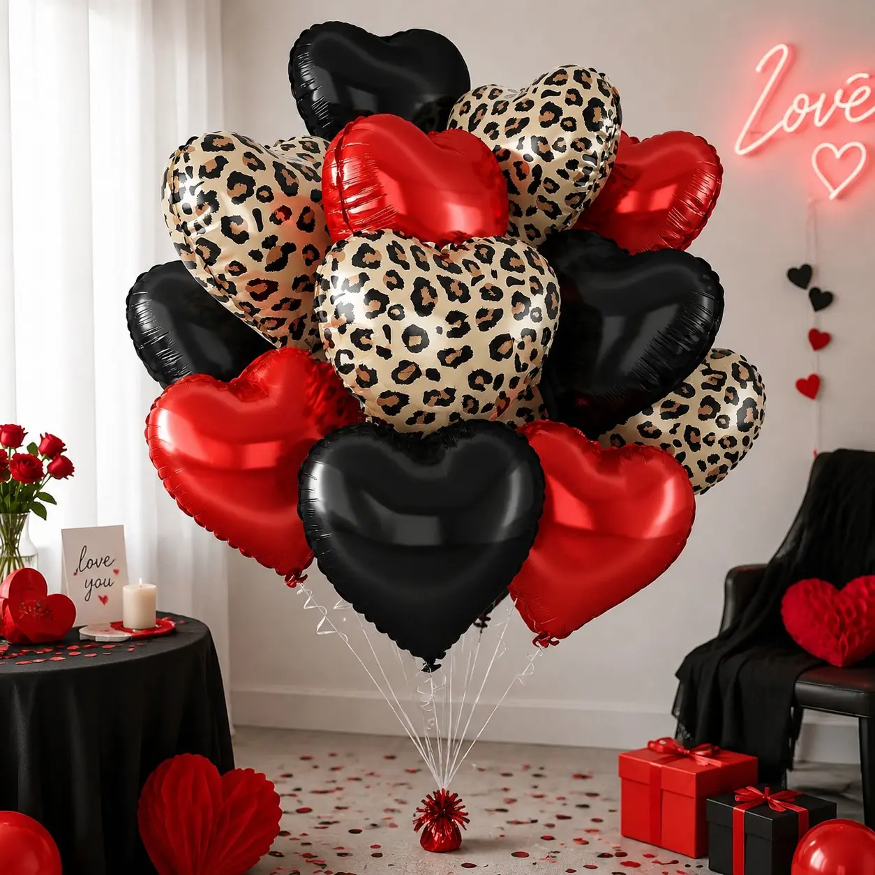 12-piece set of 18-inch black leopard print heart-shaped foil balloons, suitable for birthday parties, anniversaries, weddings, Valentine's Day, bachelor/bachelorette parties, and other themed decorations.